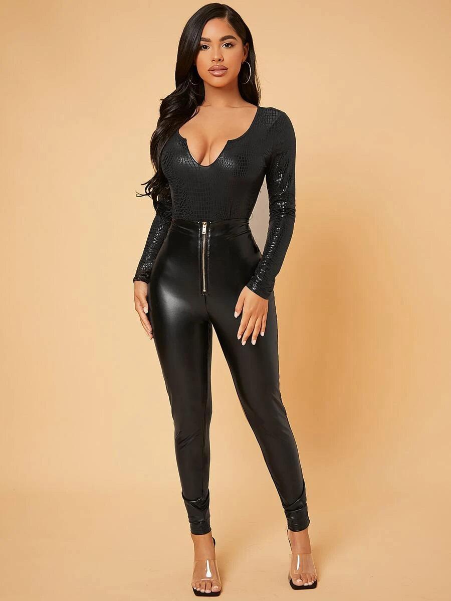 Snakeskin Print Notched Leather Like Bodysuit-Comfy Jumpsuits