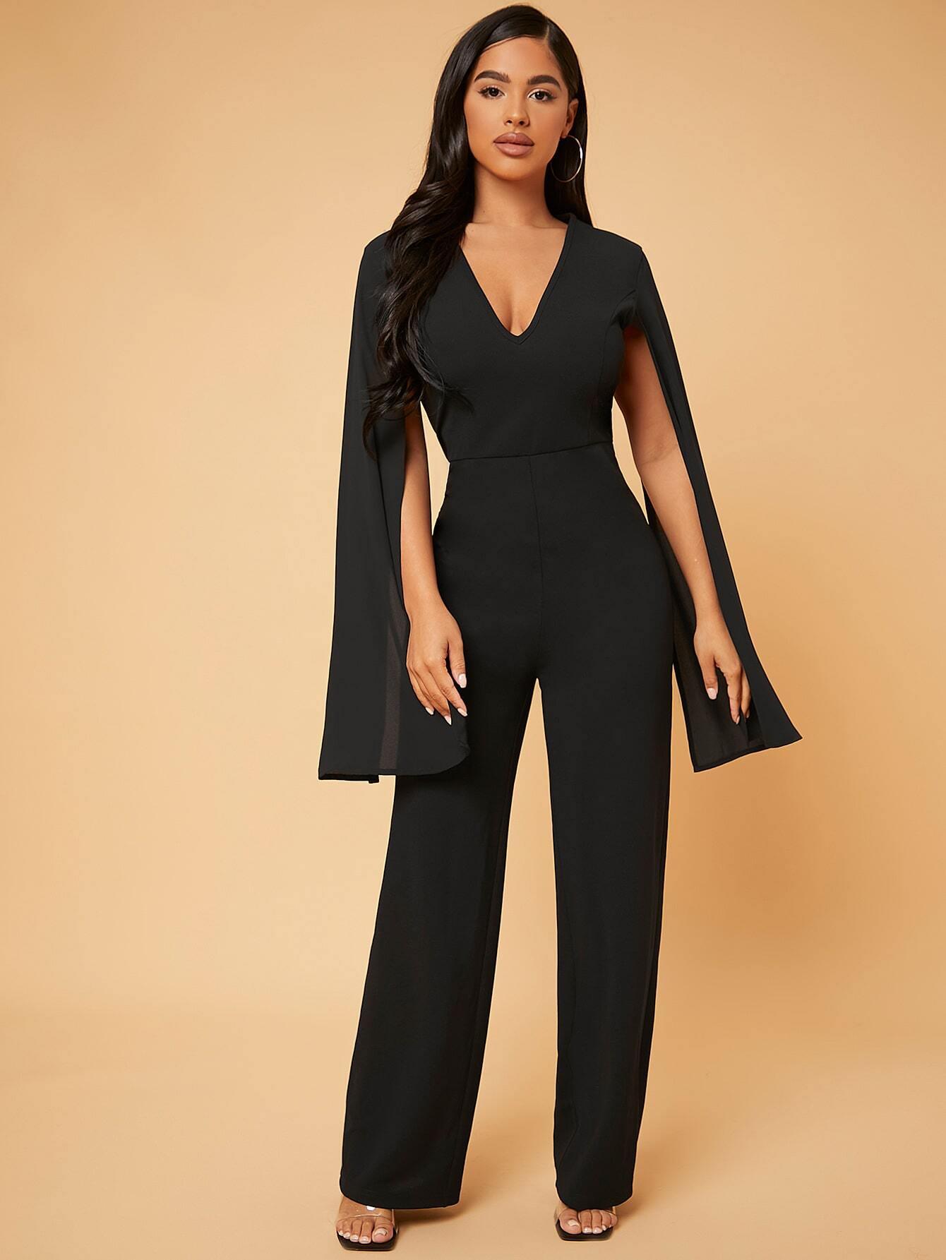Deep V Neck Split Sleeve Jumpsuit-Comfy Jumpsuits