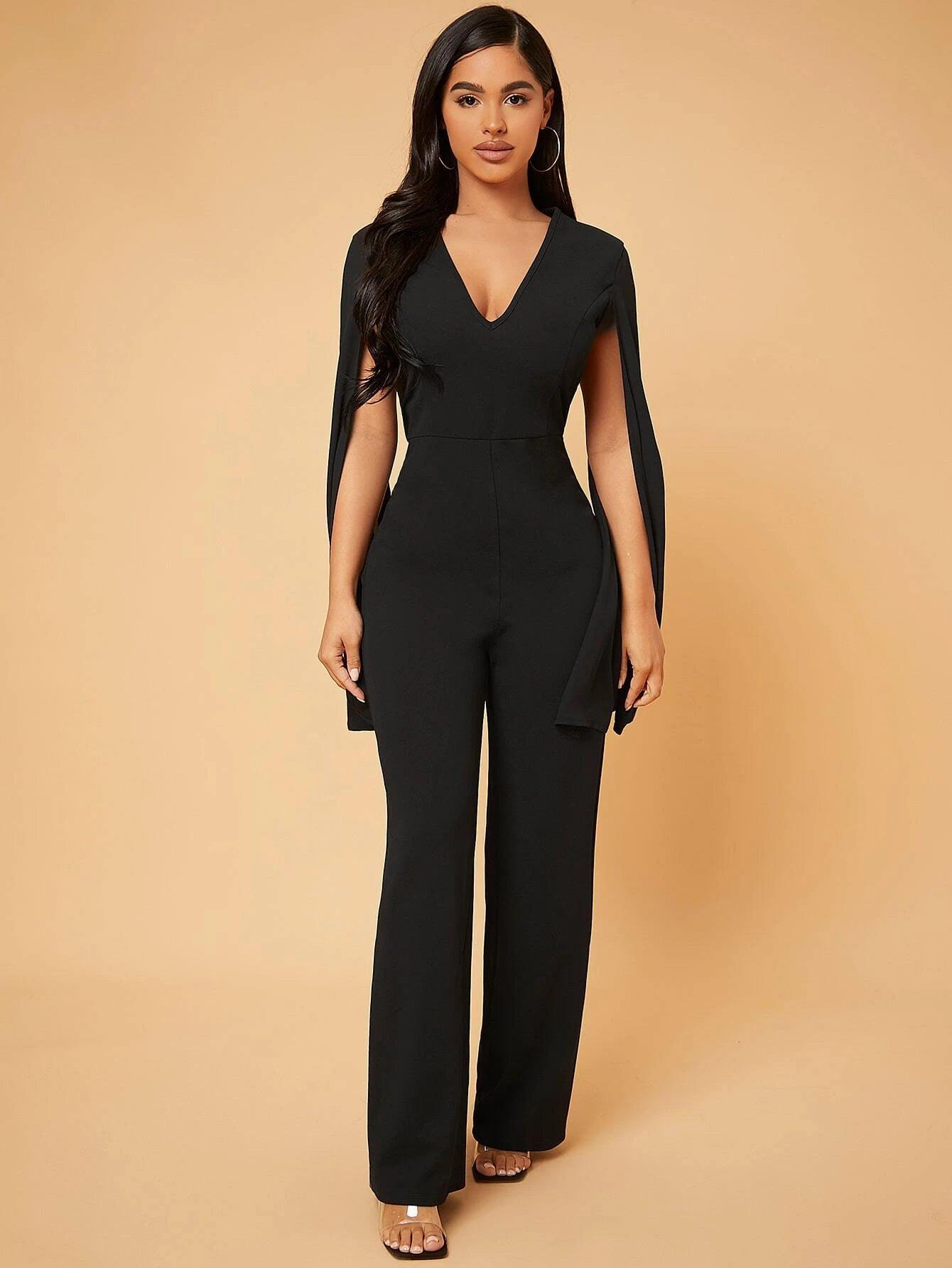 Deep V Neck Split Sleeve Jumpsuit-Comfy Jumpsuits