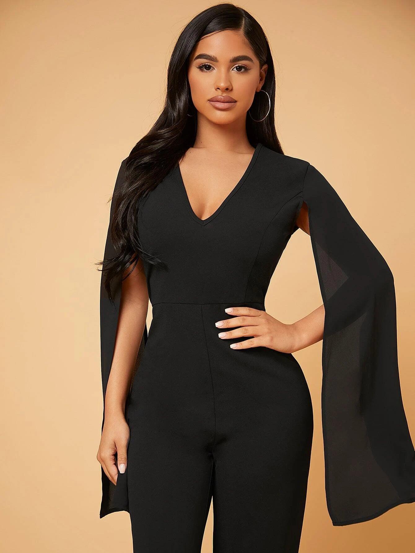 Deep V Neck Split Sleeve Jumpsuit-Comfy Jumpsuits