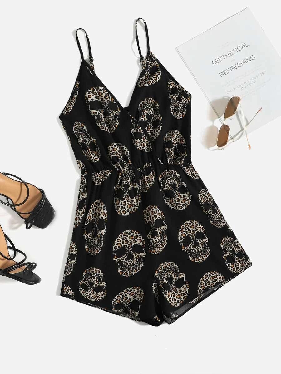 Leopard Skeleton Print Cami Romper-Comfy Jumpsuits