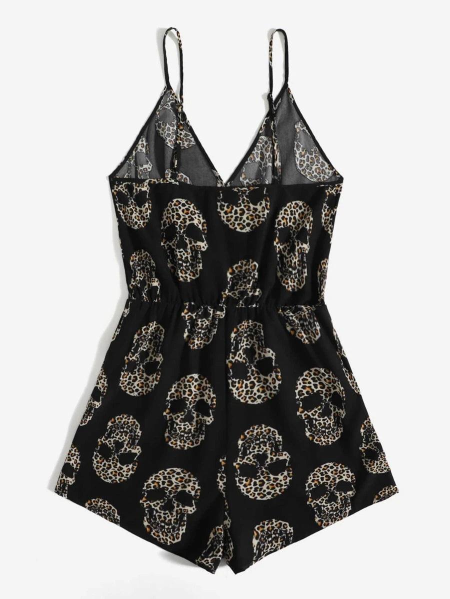 Leopard Skeleton Print Cami Romper-Comfy Jumpsuits