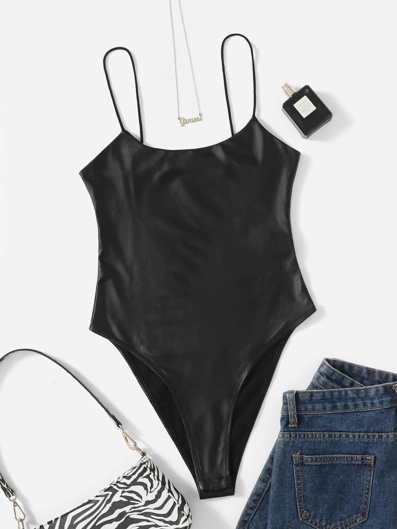 Sleeveless Leather Cami Bodysuit-Comfy Jumpsuits