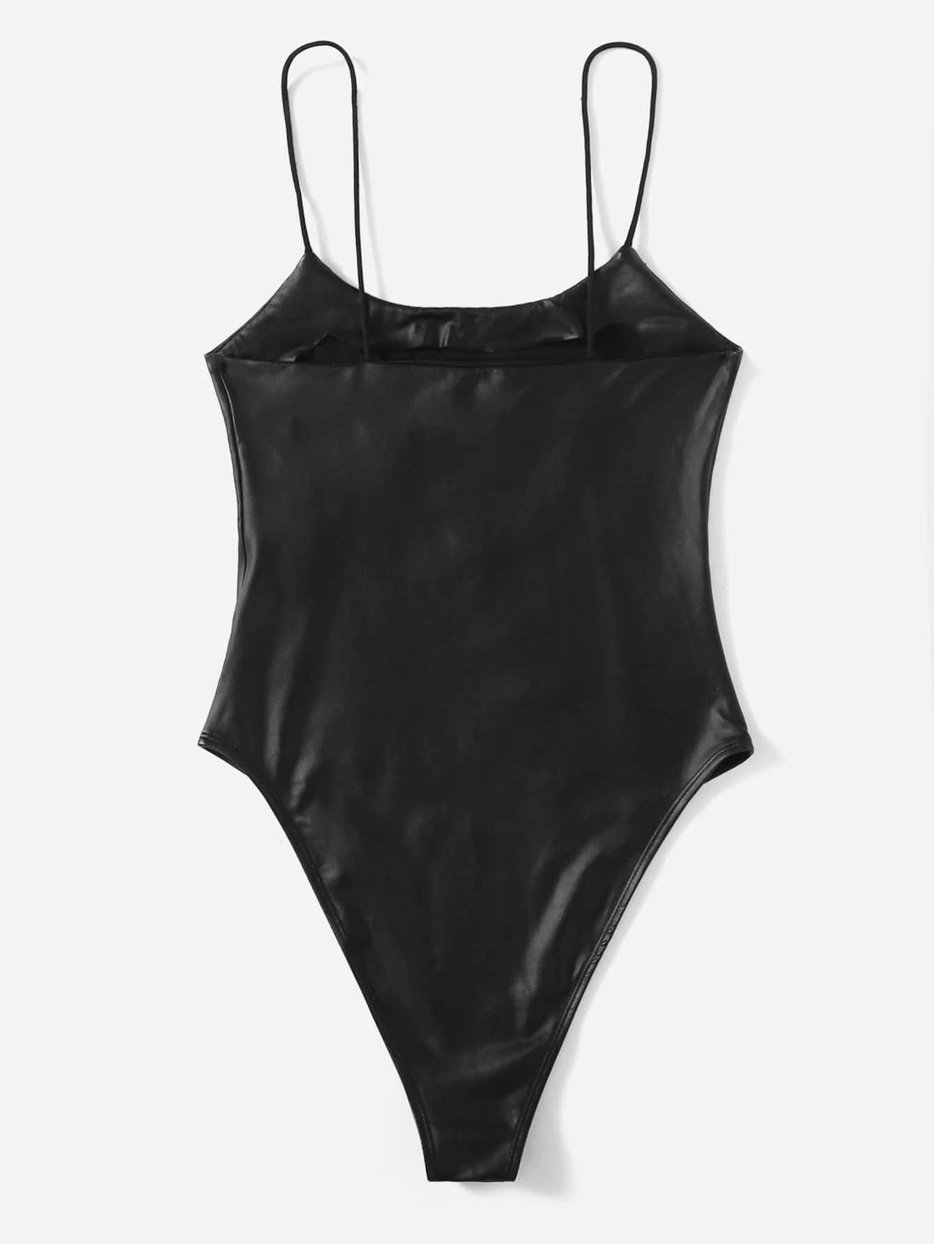 Sleeveless Leather Cami Bodysuit-Comfy Jumpsuits