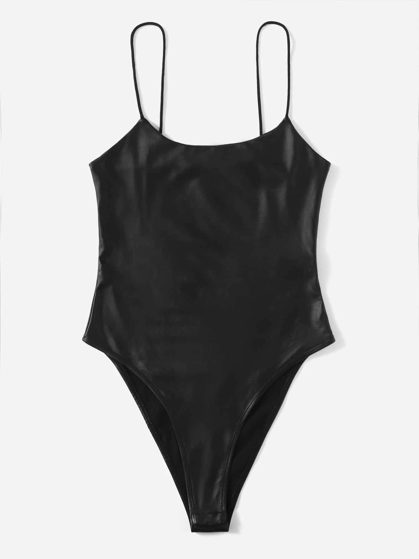 Sleeveless Leather Cami Bodysuit-Comfy Jumpsuits