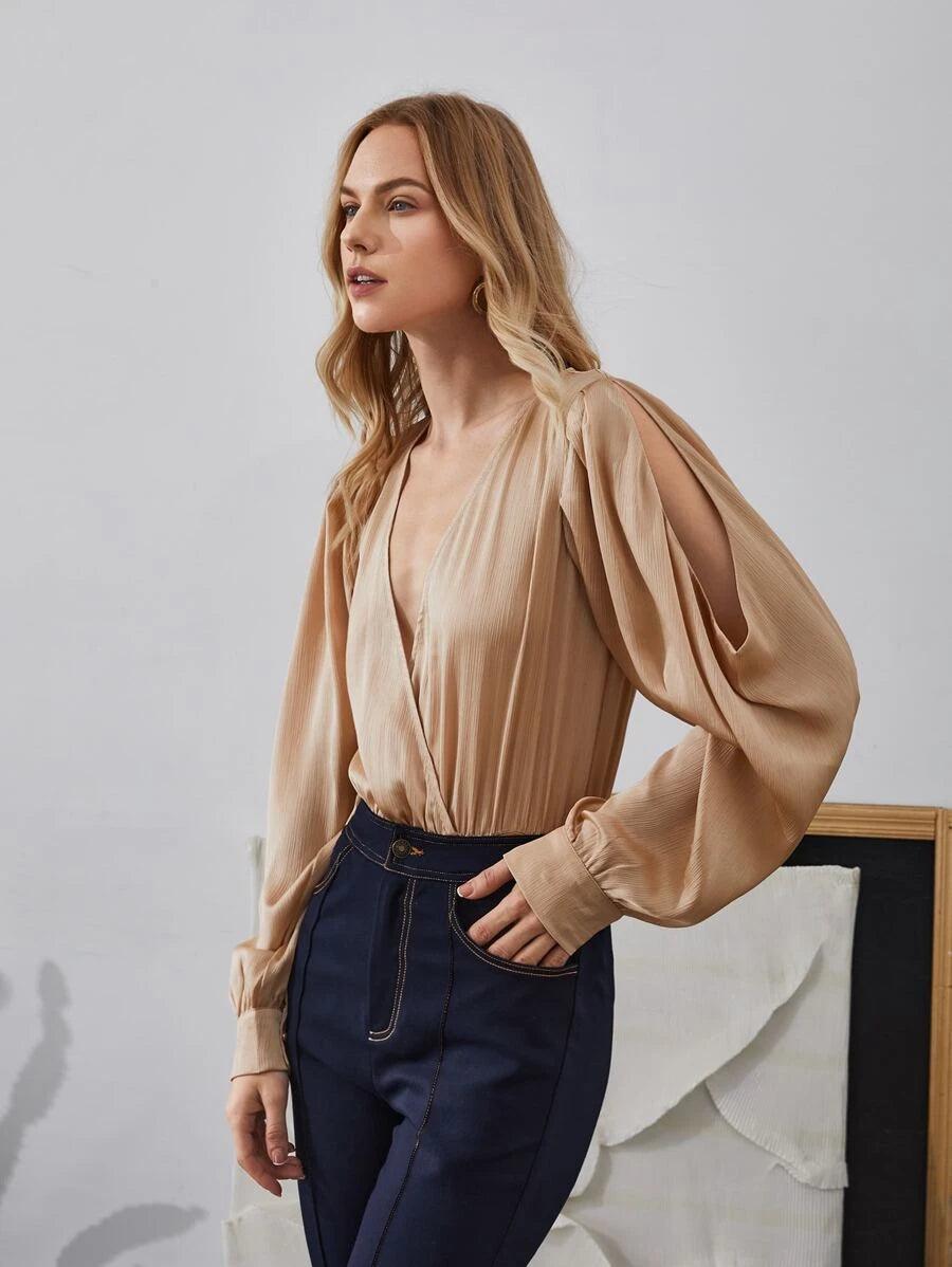 Plunge Neck Sleeve Satin Bodysuit-Comfy Jumpsuits