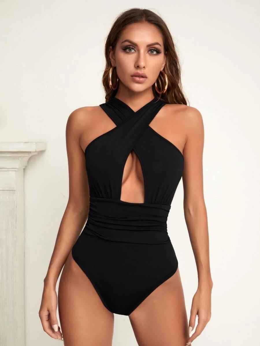 Criss Cross Cut Out Bodysuit-Comfy Jumpsuits