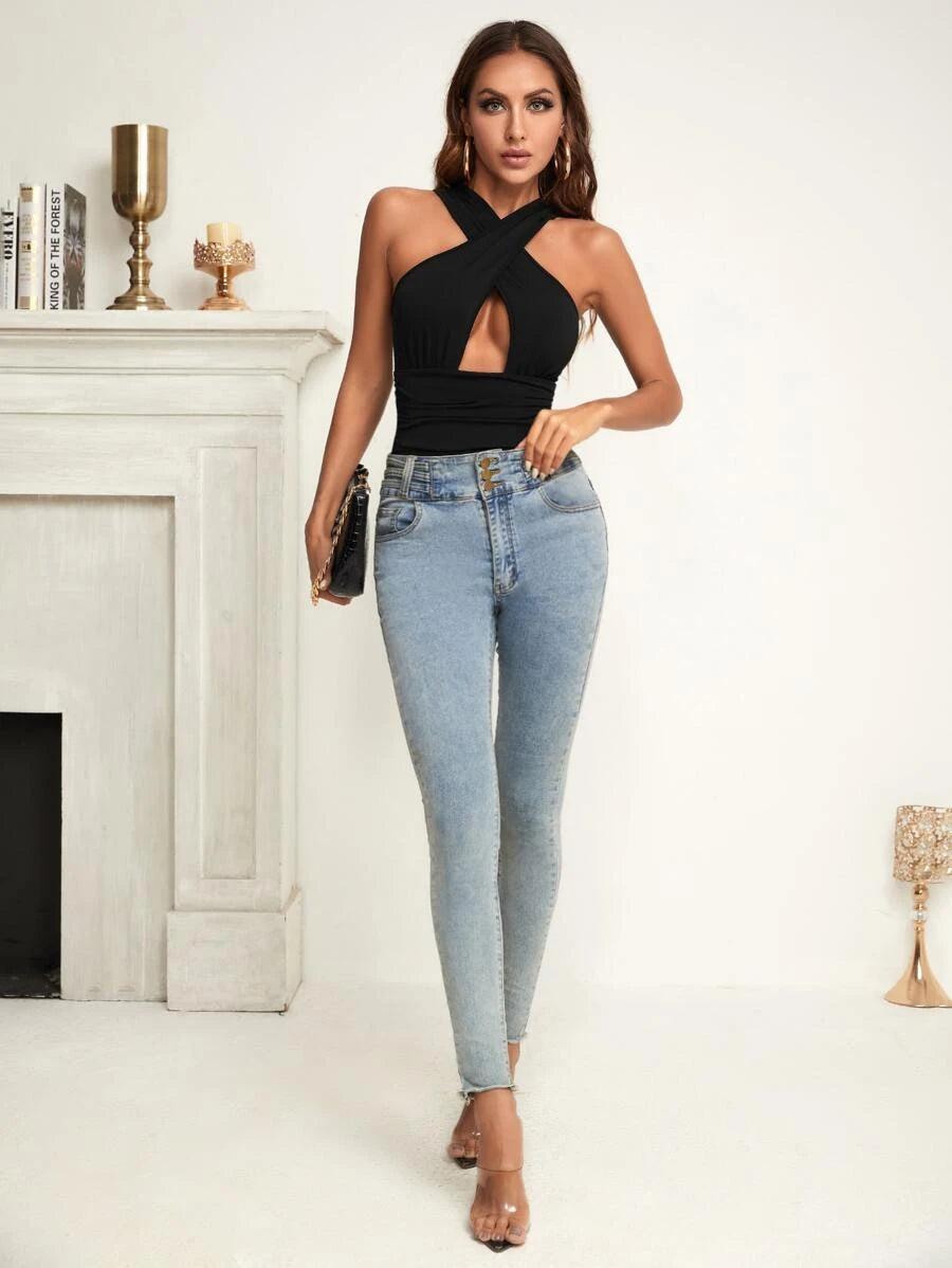Criss Cross Cut Out Bodysuit-Comfy Jumpsuits
