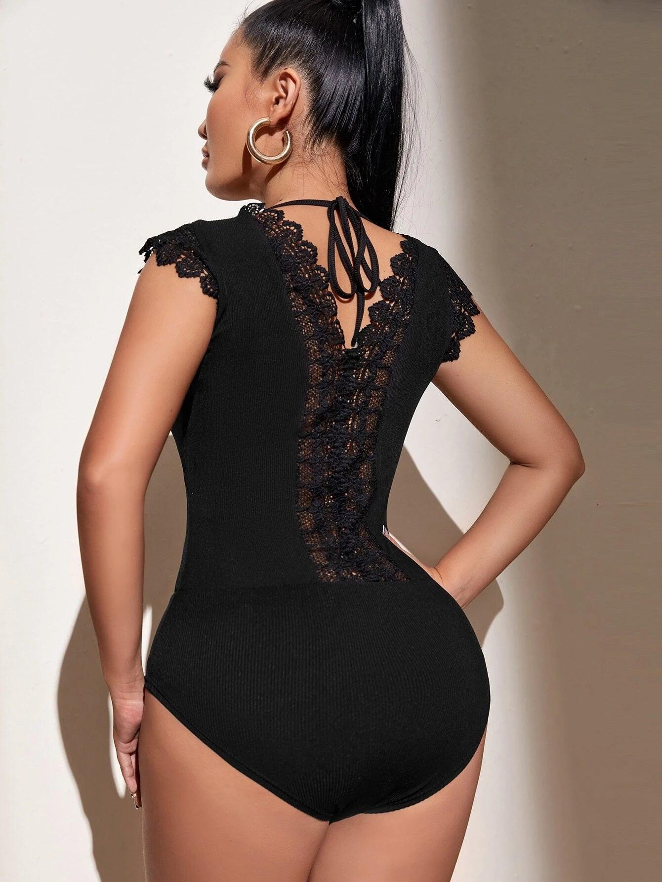 Guipure Lace Insert Tie Back Bodysuit-Comfy Jumpsuits