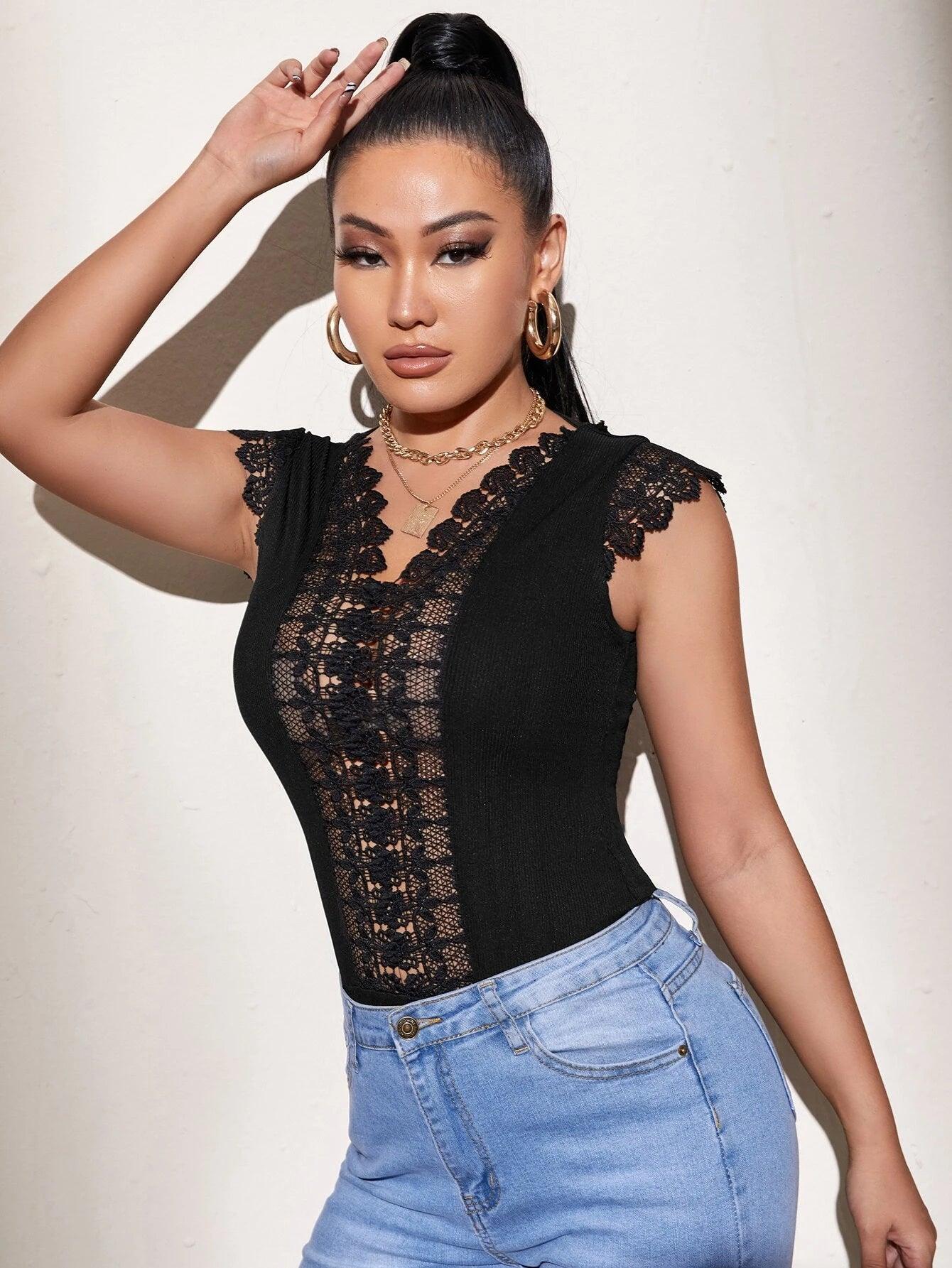 Guipure Lace Insert Tie Back Bodysuit-Comfy Jumpsuits