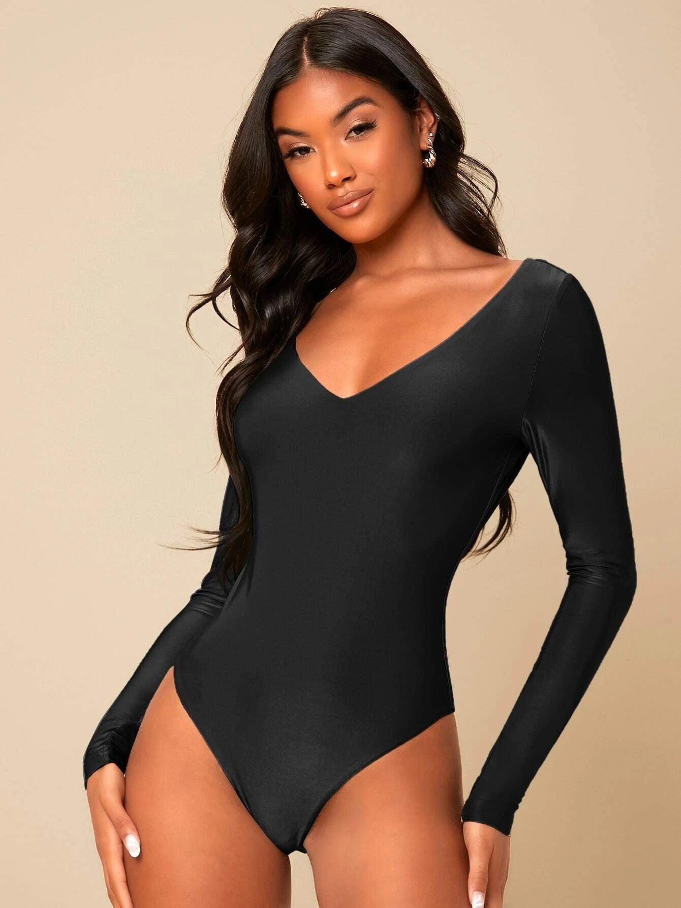 Solid Deep V Neck Bodysuit-Comfy Jumpsuits