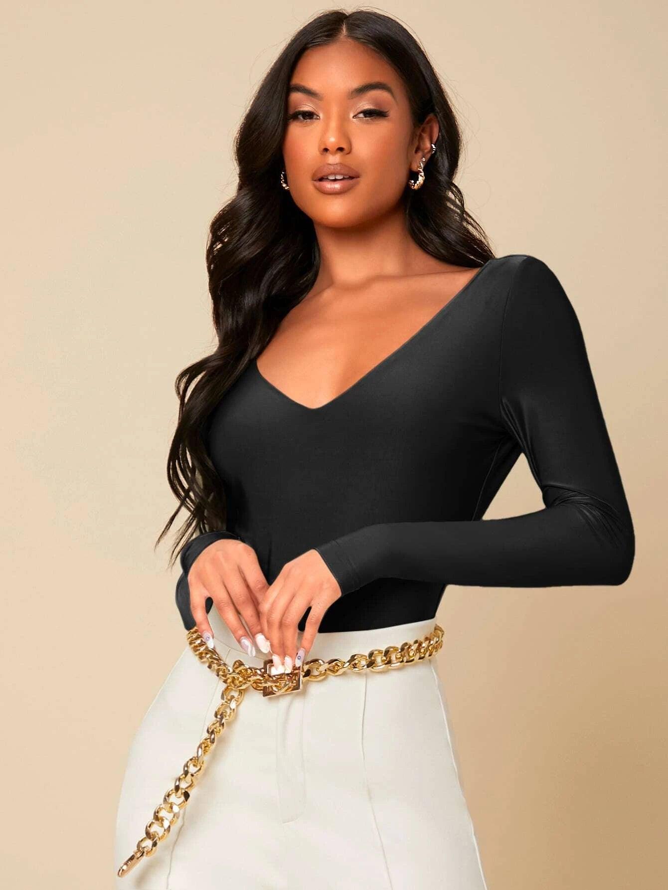 Solid Deep V Neck Bodysuit-Comfy Jumpsuits