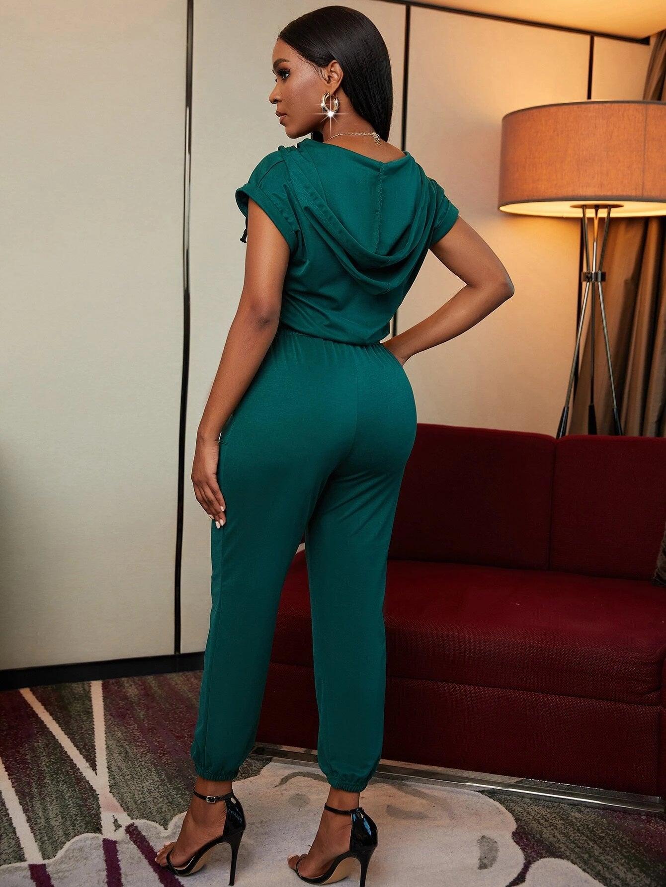 Zip Up Hooded Drawstring Waist Jumpsuit-Comfy Jumpsuits