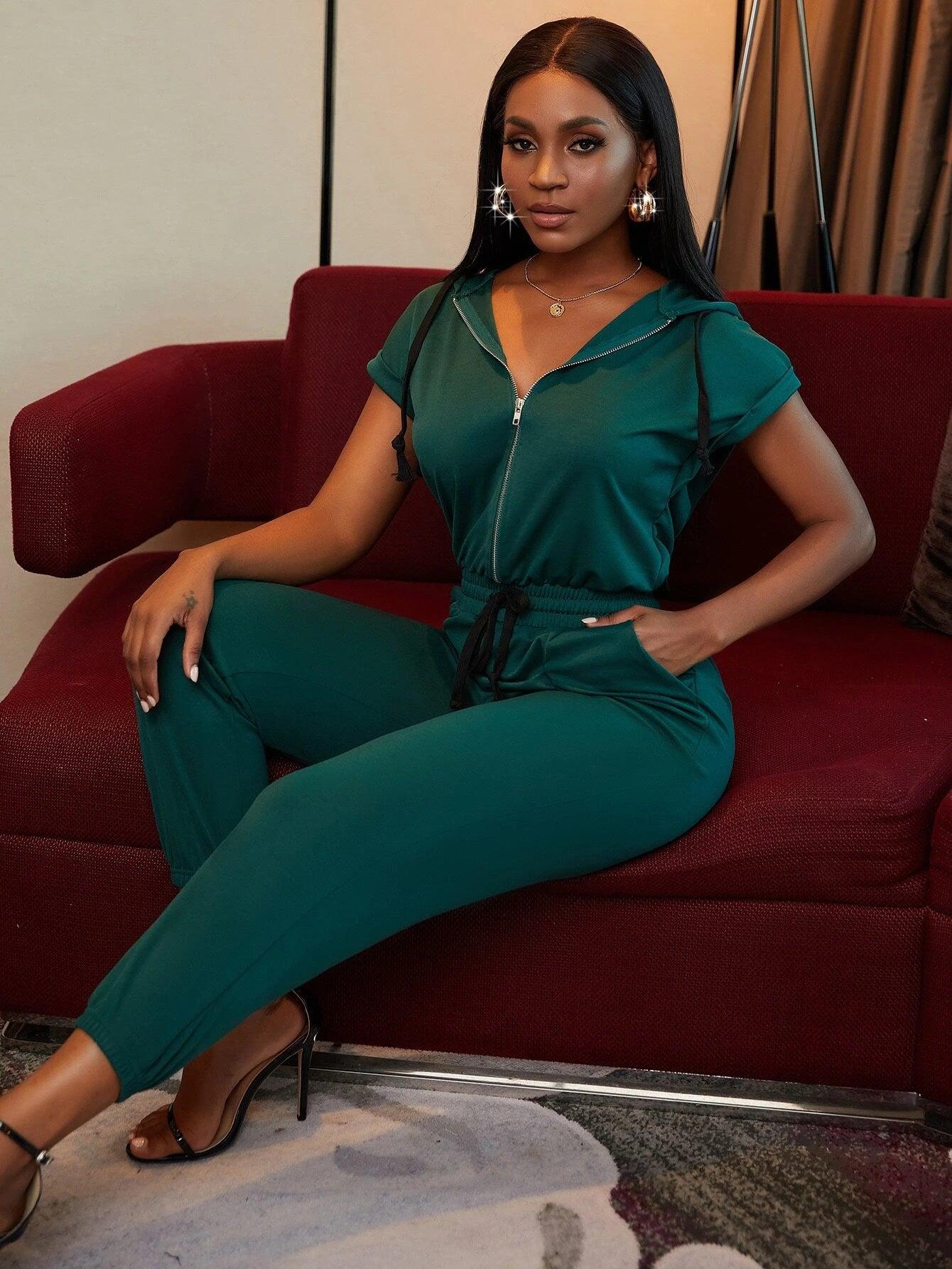 Zip Up Hooded Drawstring Waist Jumpsuit-Comfy Jumpsuits