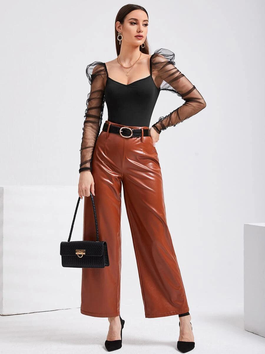 V Neck Mesh Panel Gigot Sleeve Bodysuit-Comfy Jumpsuits