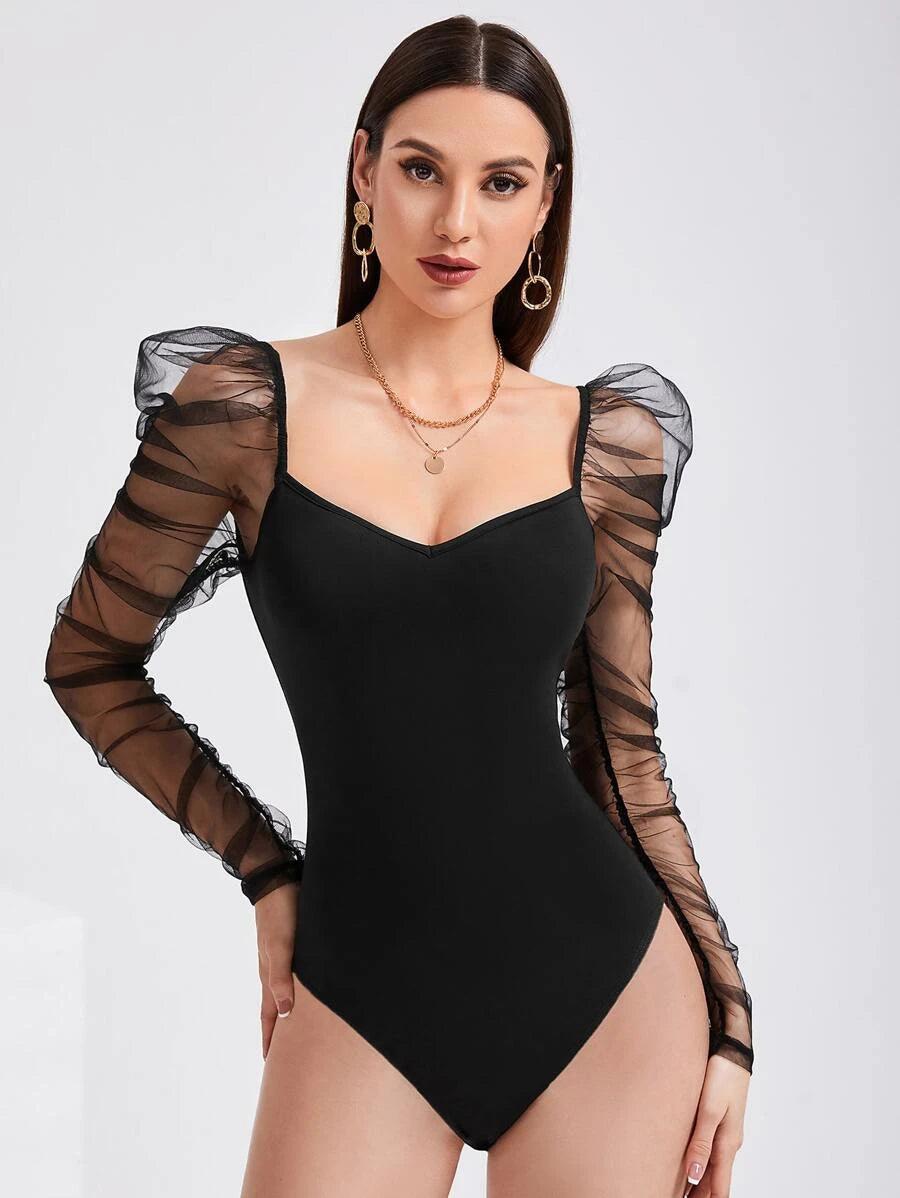 V Neck Mesh Panel Gigot Sleeve Bodysuit-Comfy Jumpsuits