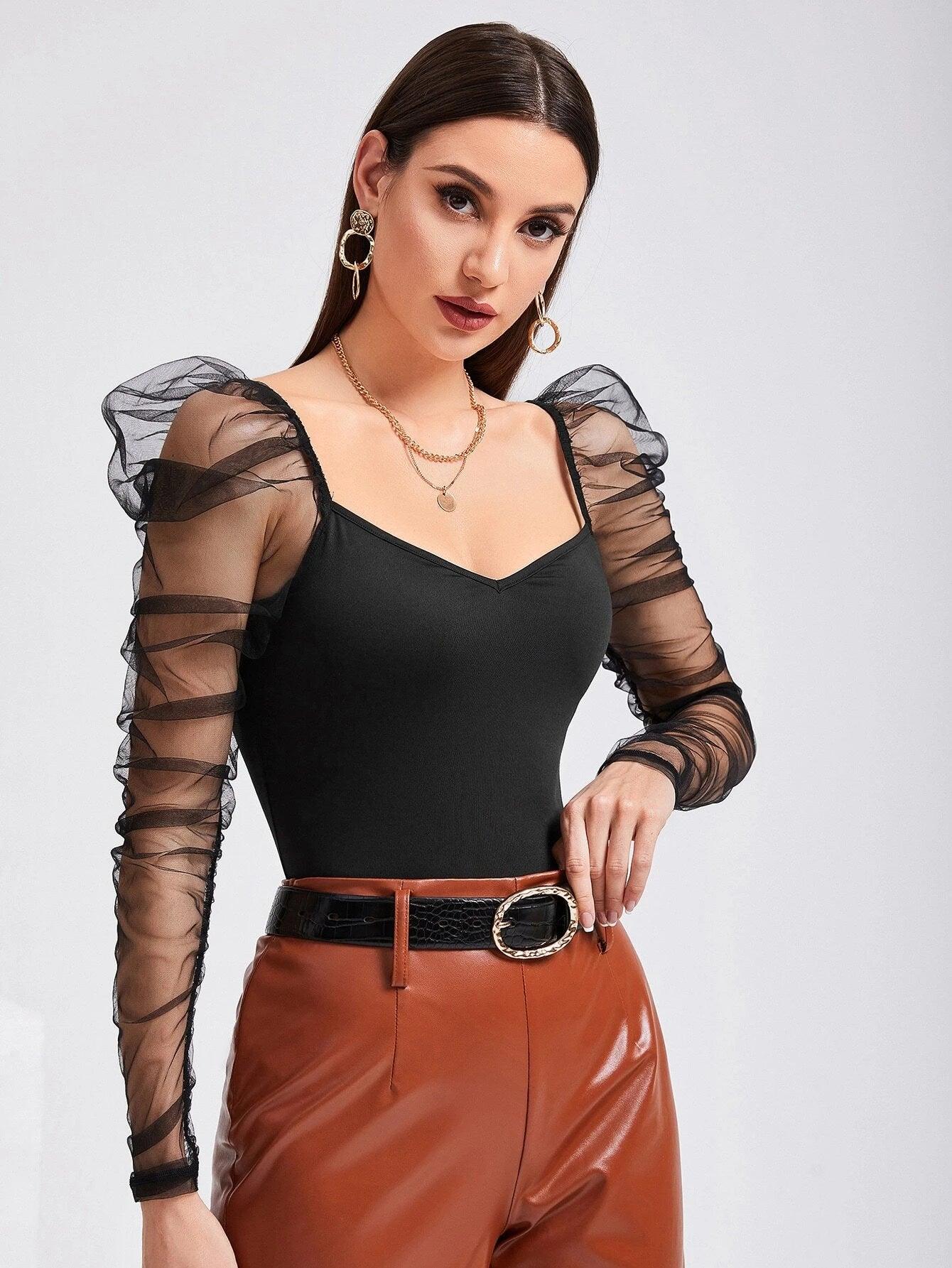 V Neck Mesh Panel Gigot Sleeve Bodysuit-Comfy Jumpsuits