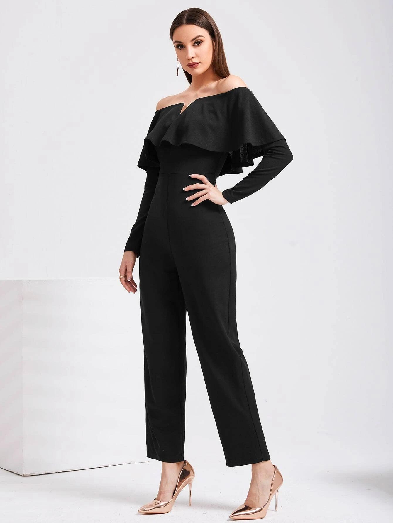 V Wired Overlay Jumpsuit-Comfy Jumpsuits