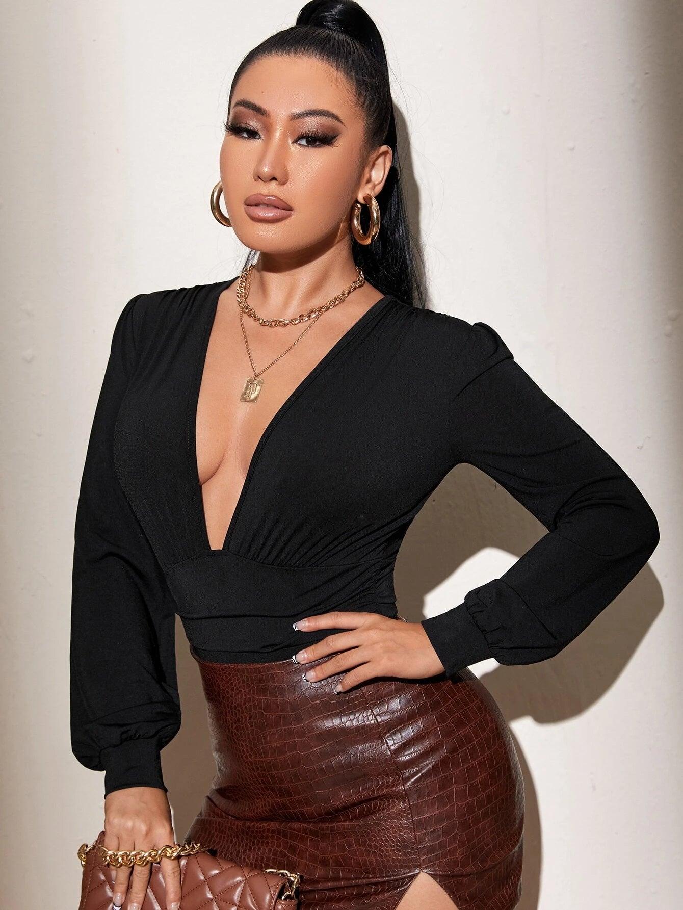 Plain Bishop Sleeve Bodysuit-Comfy Jumpsuits