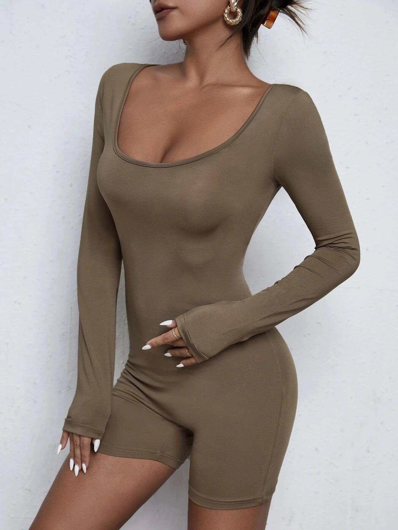 Solid Colored Scoop Neck Unitard Romper-Comfy Jumpsuits