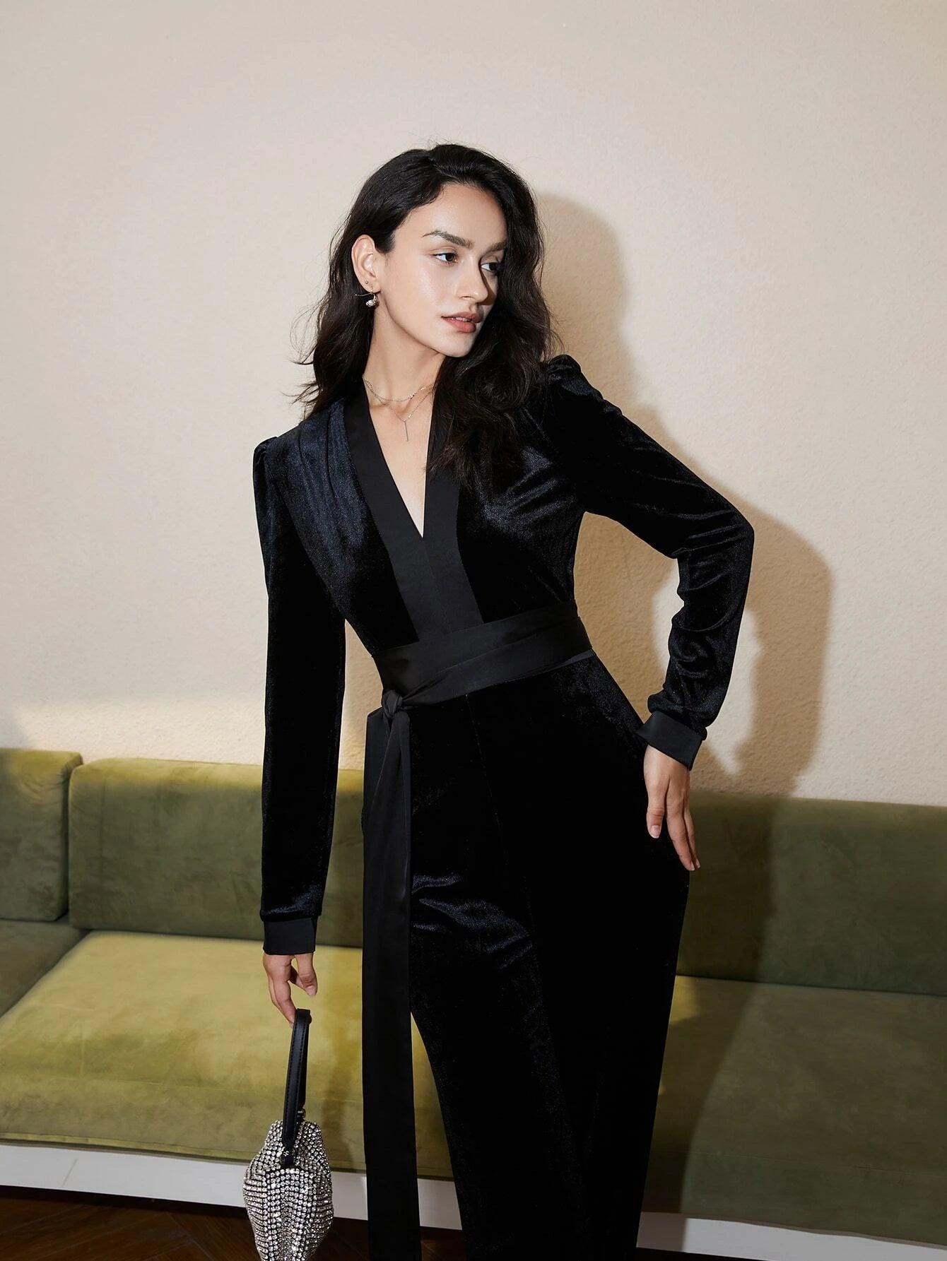 V Neck Belted Velvet Jumpsuit-Comfy Jumpsuits