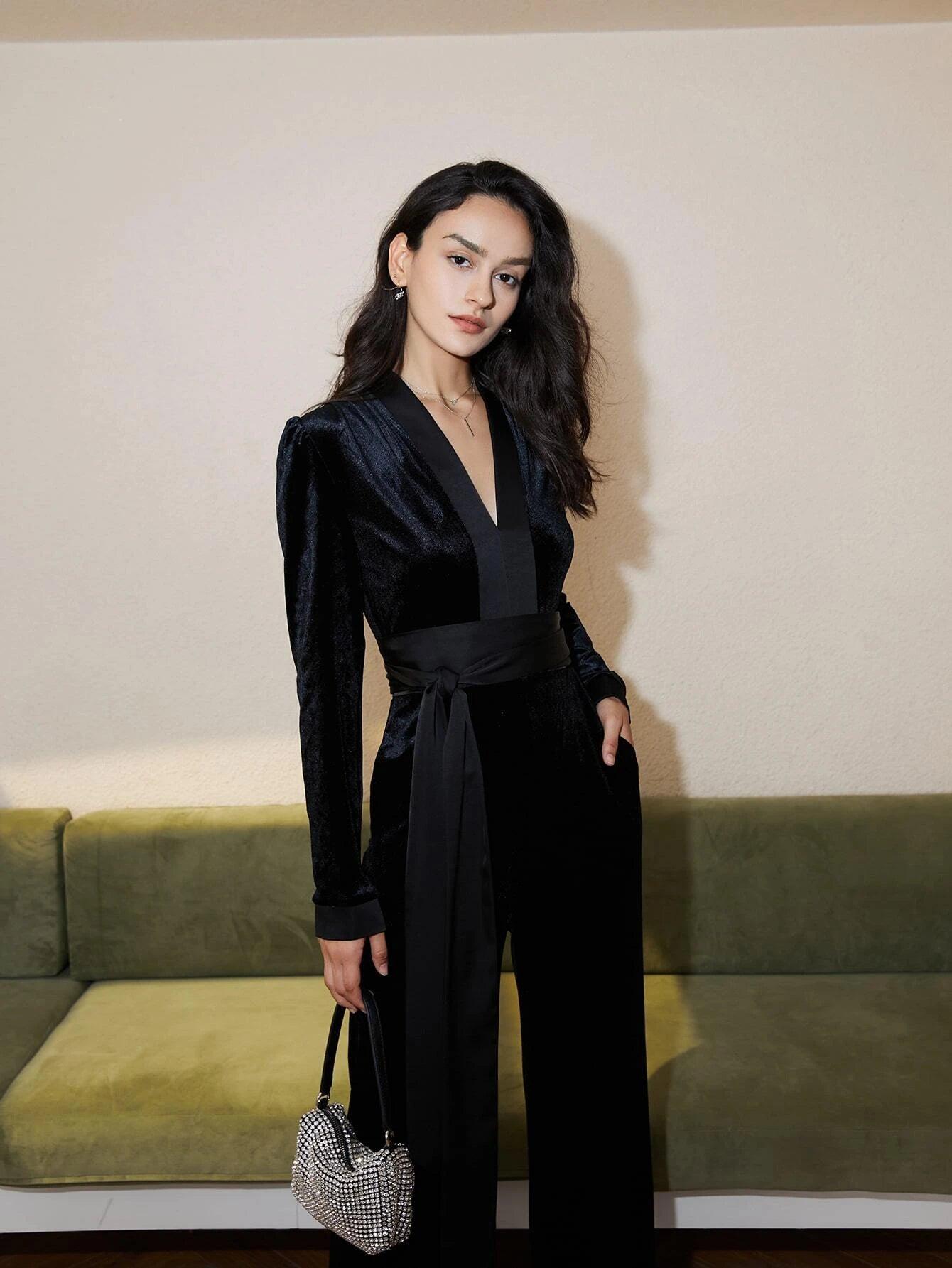 V Neck Belted Velvet Jumpsuit-Comfy Jumpsuits