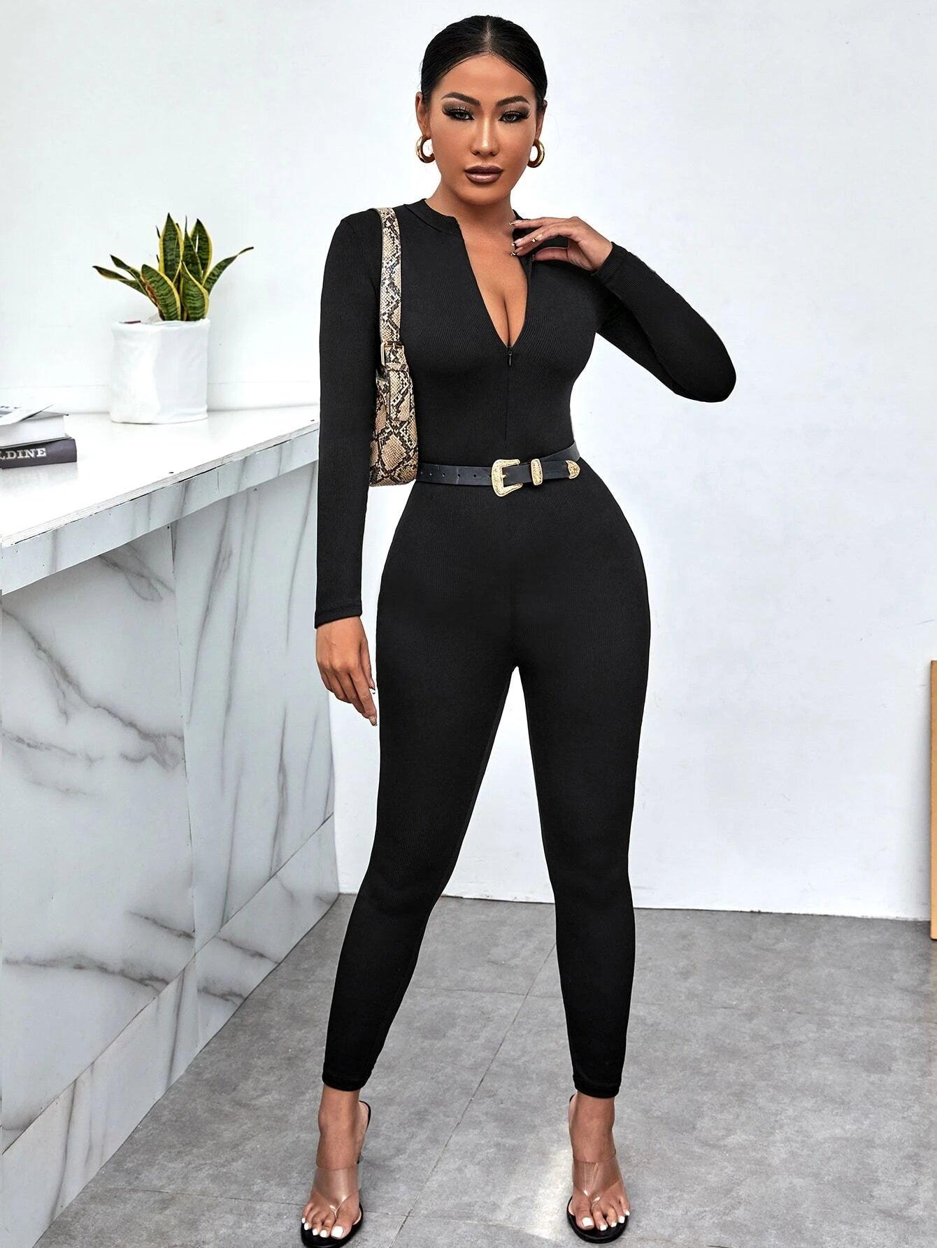 Zip Front Unitard Jumpsuit Without Belt-Comfy Jumpsuits
