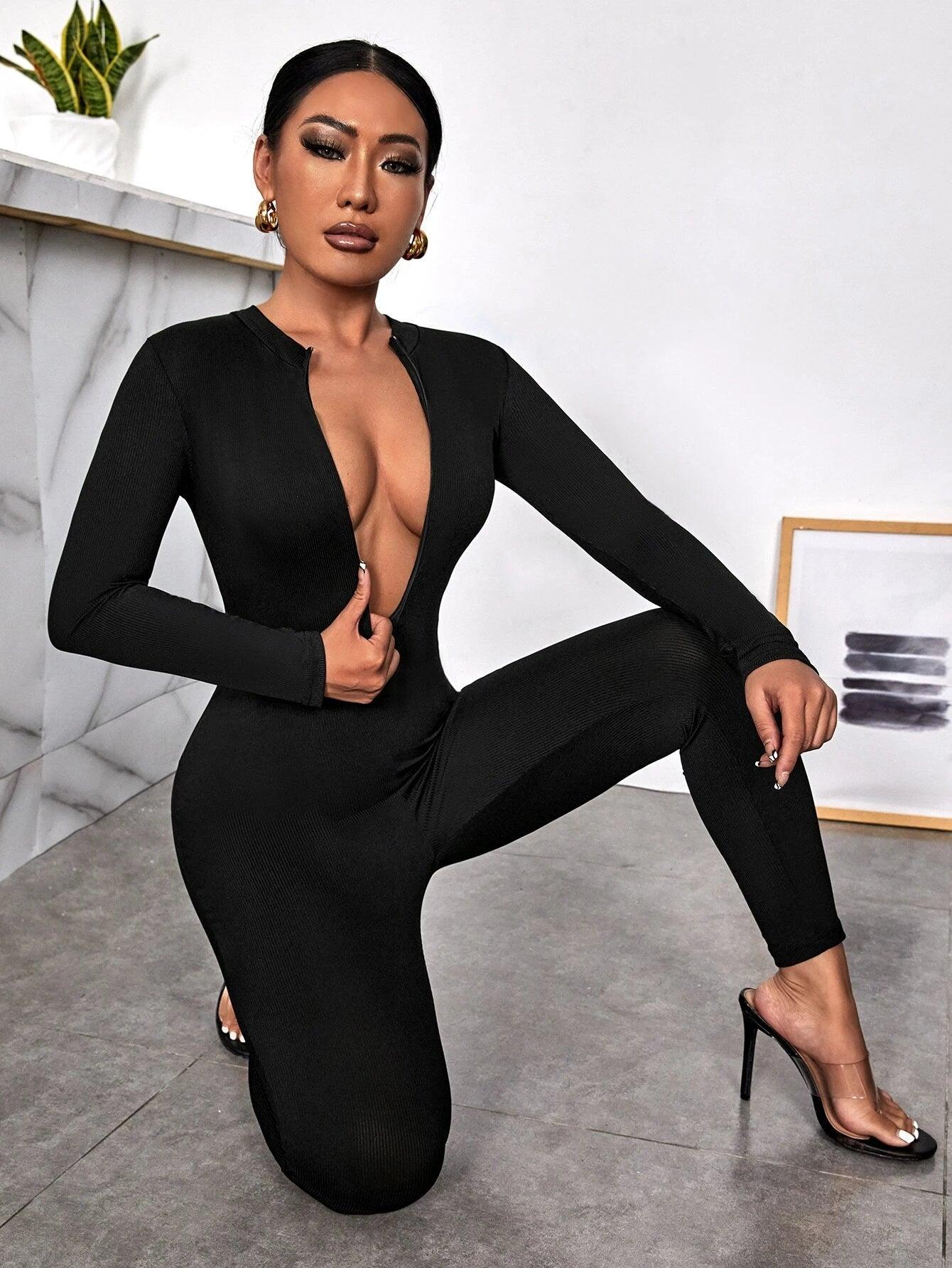 Zip Front Unitard Jumpsuit Without Belt-Comfy Jumpsuits