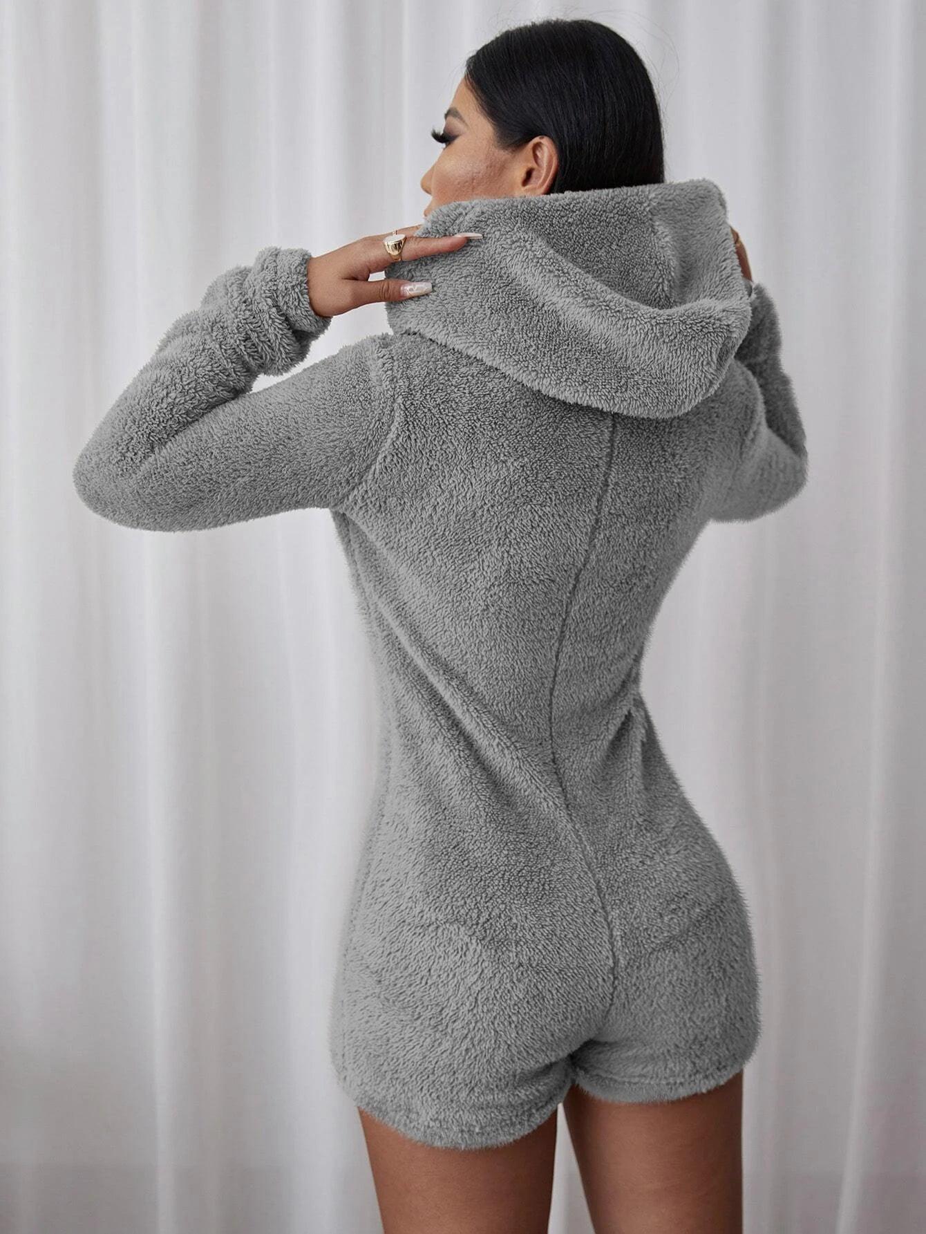 Zip Up Hooded Teddy Romper-Comfy Jumpsuits