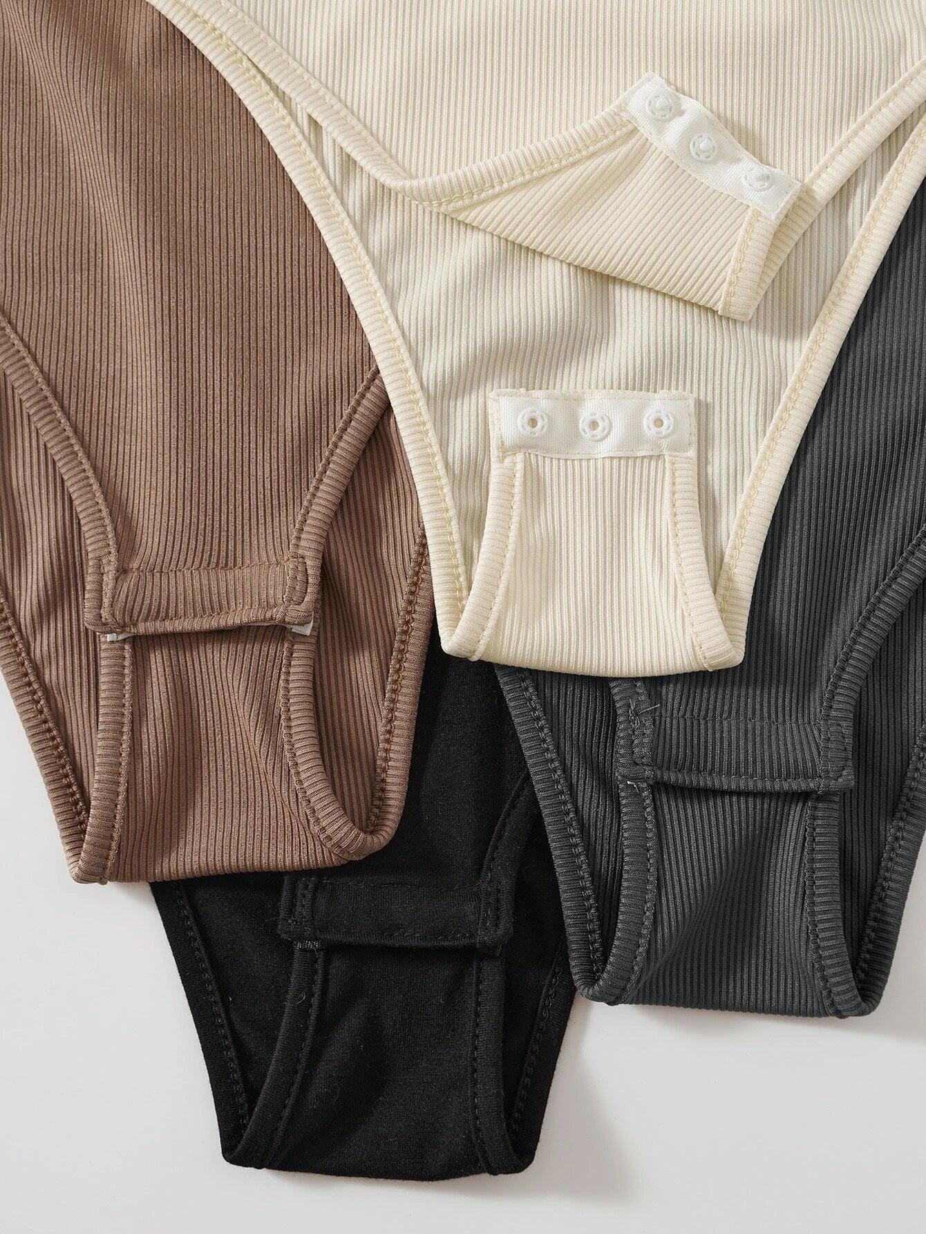 4 Pieces Solid Ribbed Knit Bodysuit-Comfy Jumpsuits