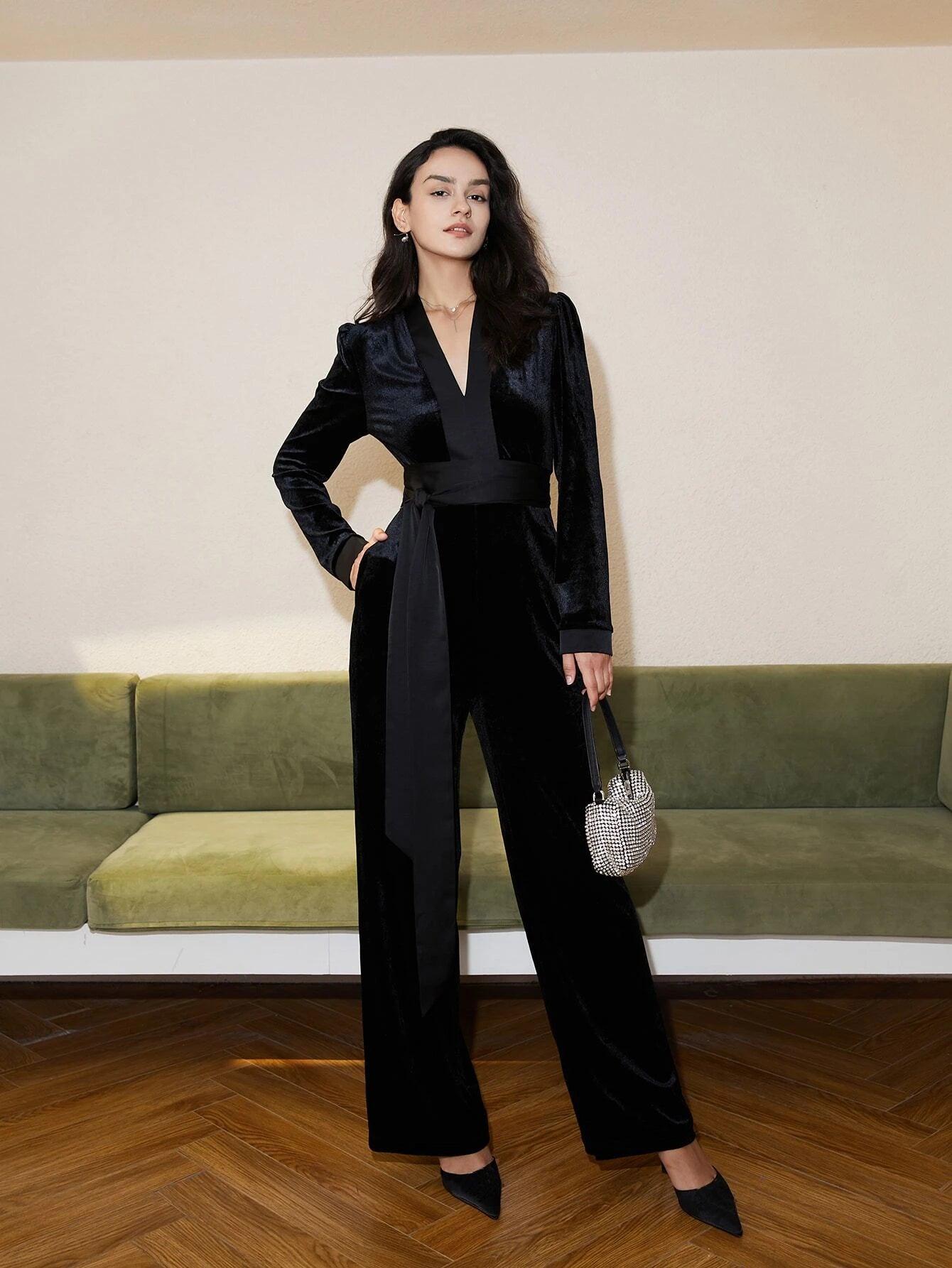V Neck Belted Velvet Jumpsuit-Comfy Jumpsuits