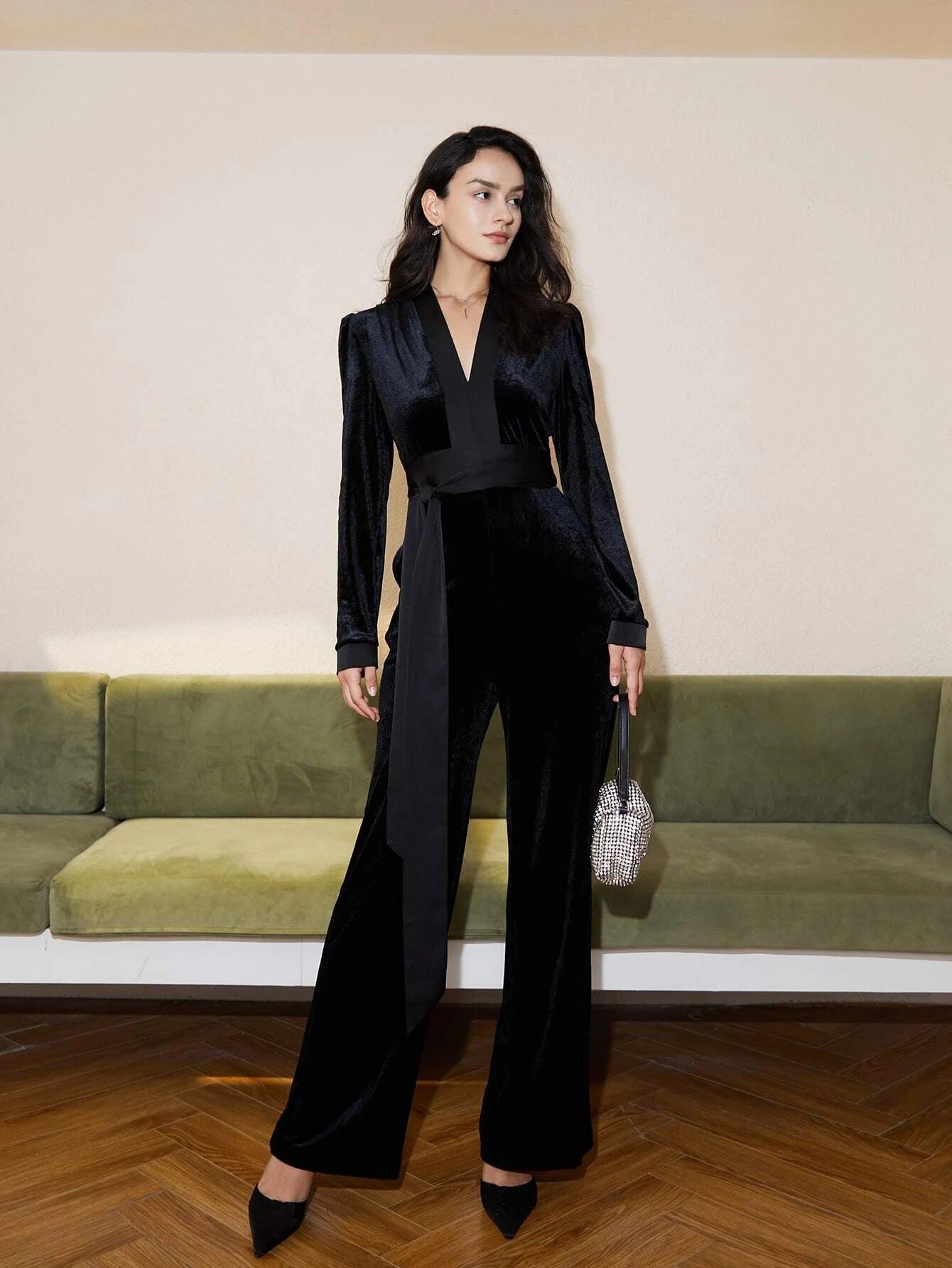 V Neck Belted Velvet Jumpsuit-Comfy Jumpsuits