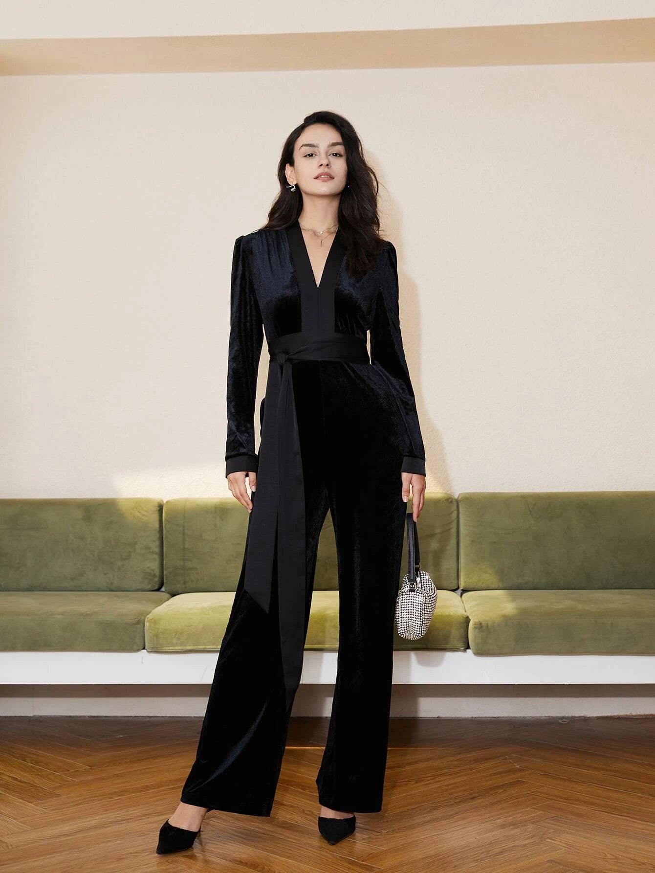 V Neck Belted Velvet Jumpsuit-Comfy Jumpsuits