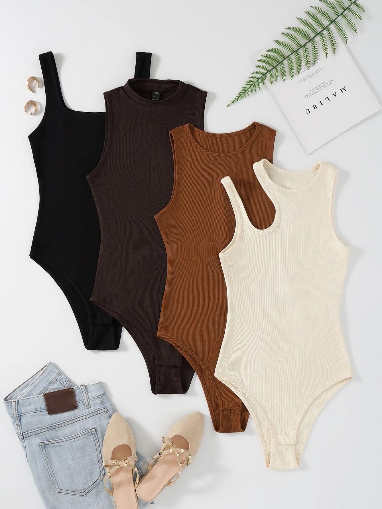 4 Pieces Solid Ribbed Knit Bodysuit-Comfy Jumpsuits