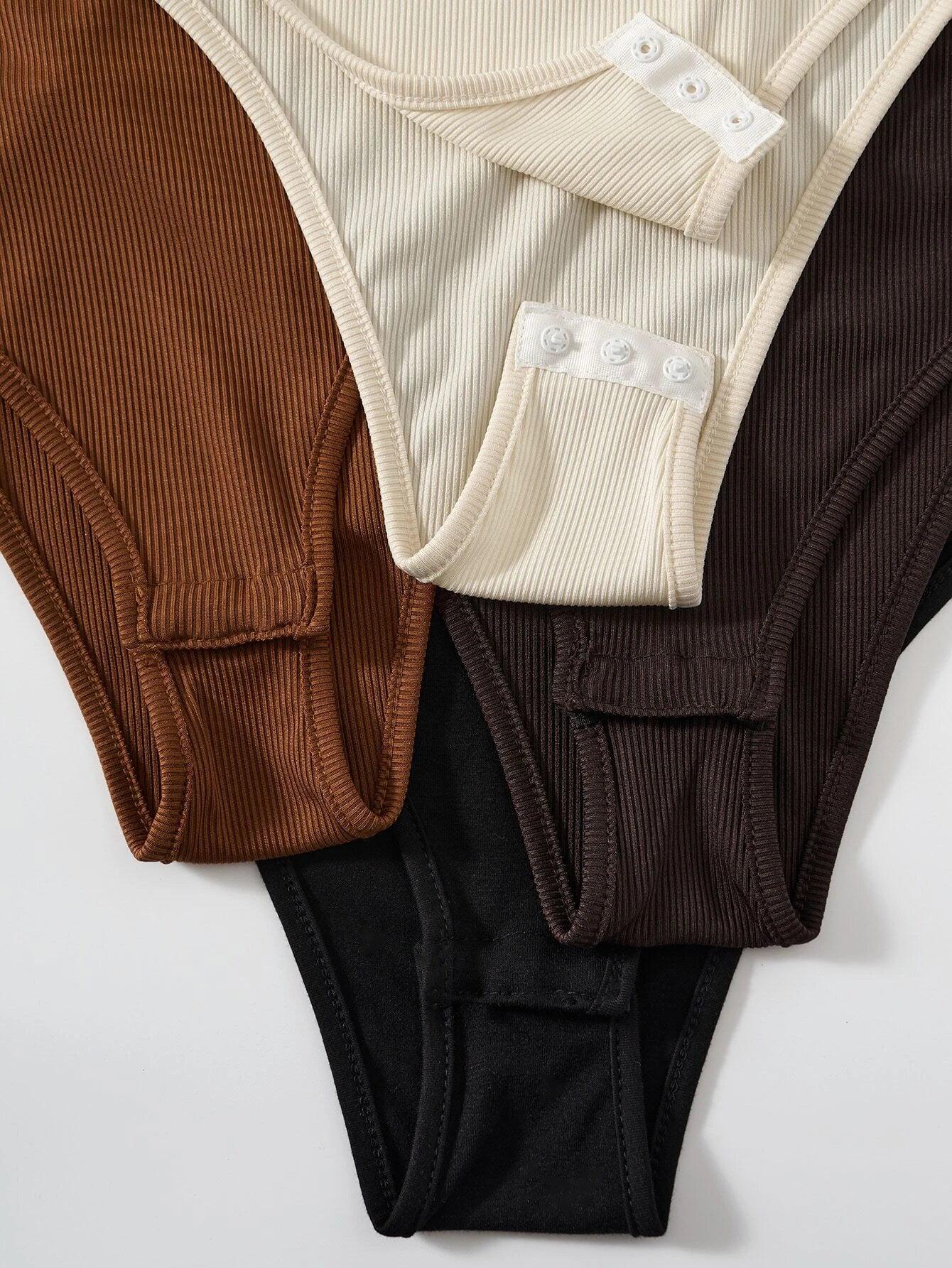 4 Pieces Solid Ribbed Knit Bodysuit-Comfy Jumpsuits