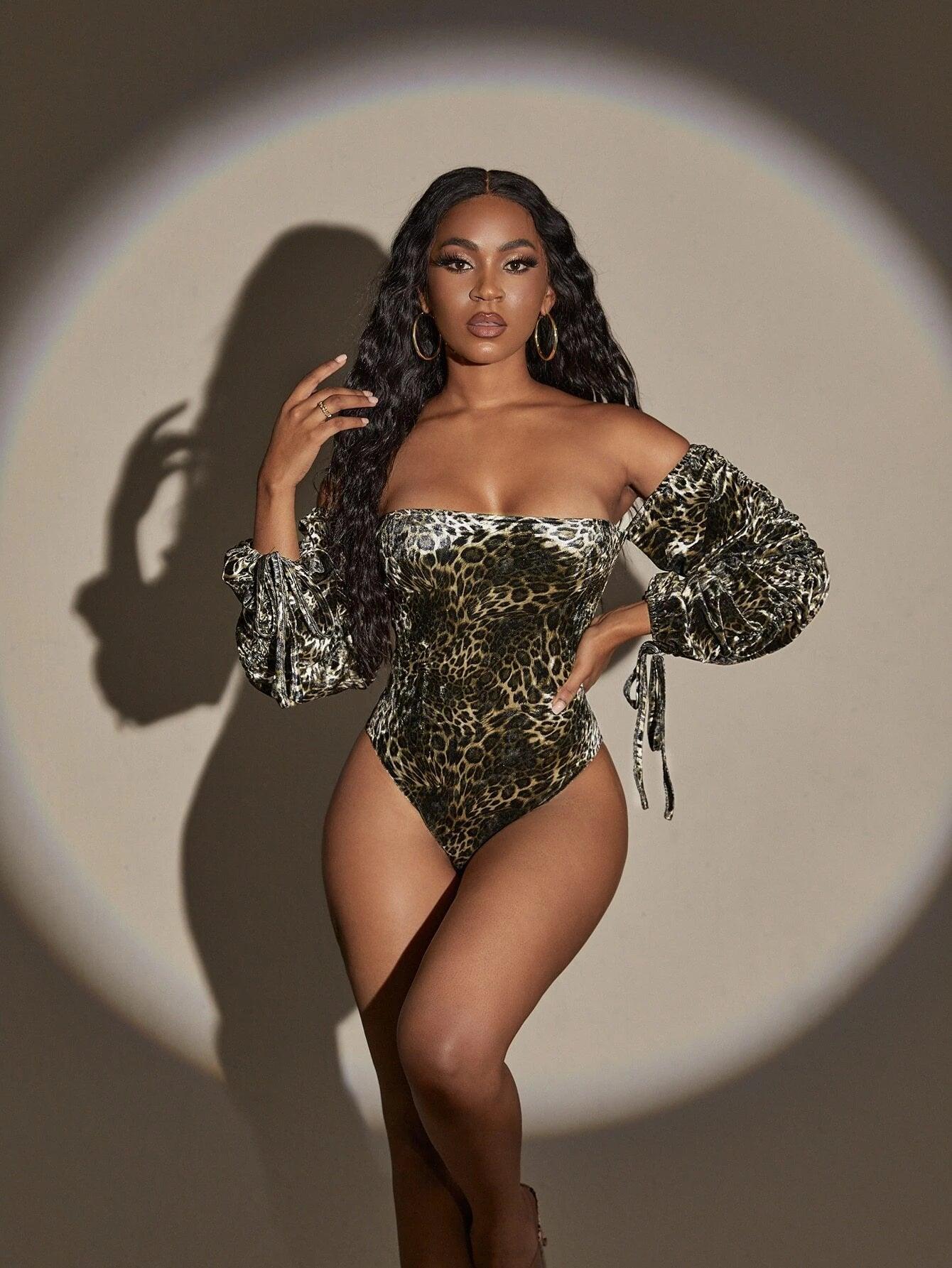 Off Shoulder Knot Cuff Lantern Sleeve Bodysuit-Comfy Jumpsuits