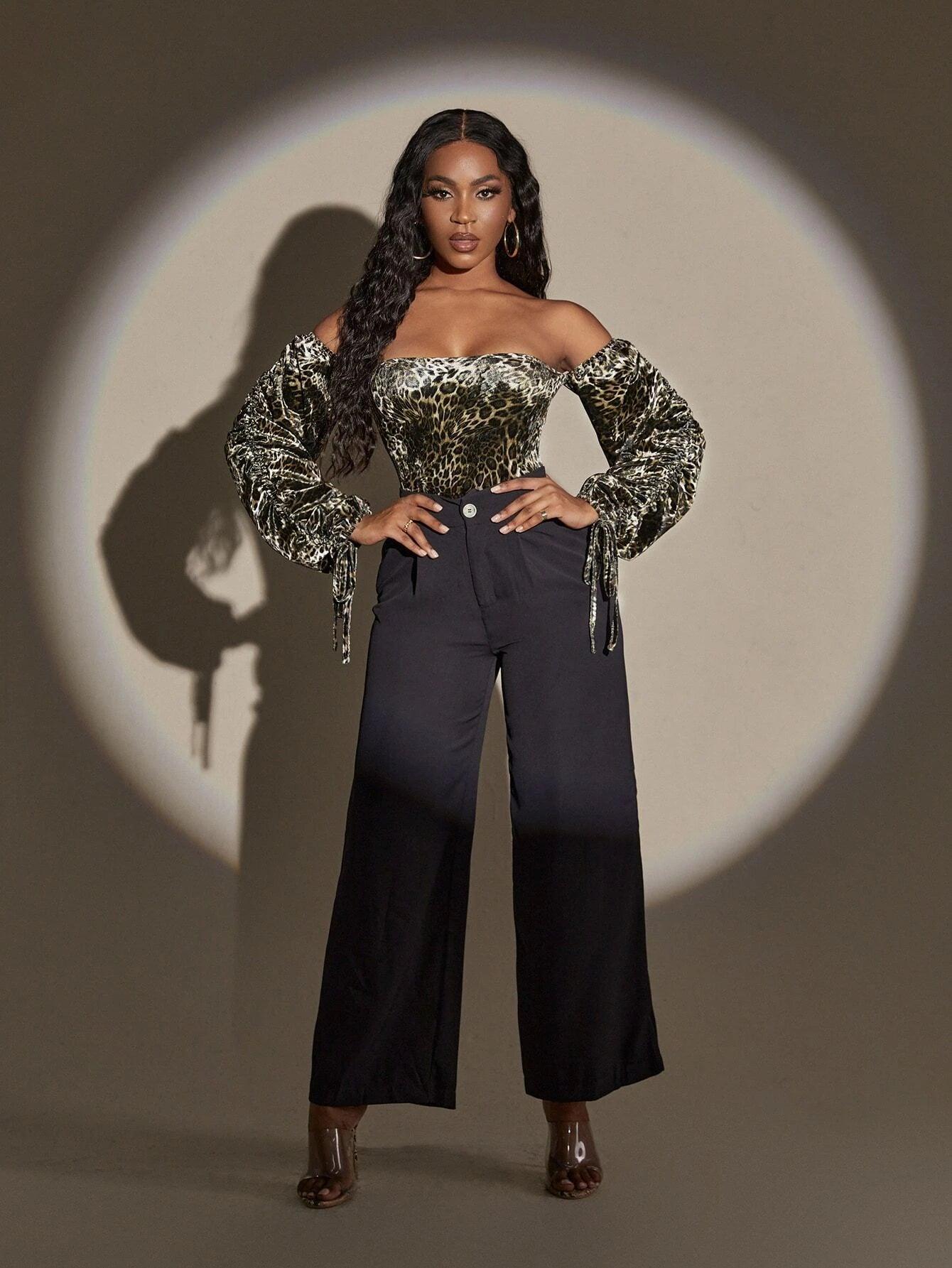 Off Shoulder Knot Cuff Lantern Sleeve Bodysuit-Comfy Jumpsuits