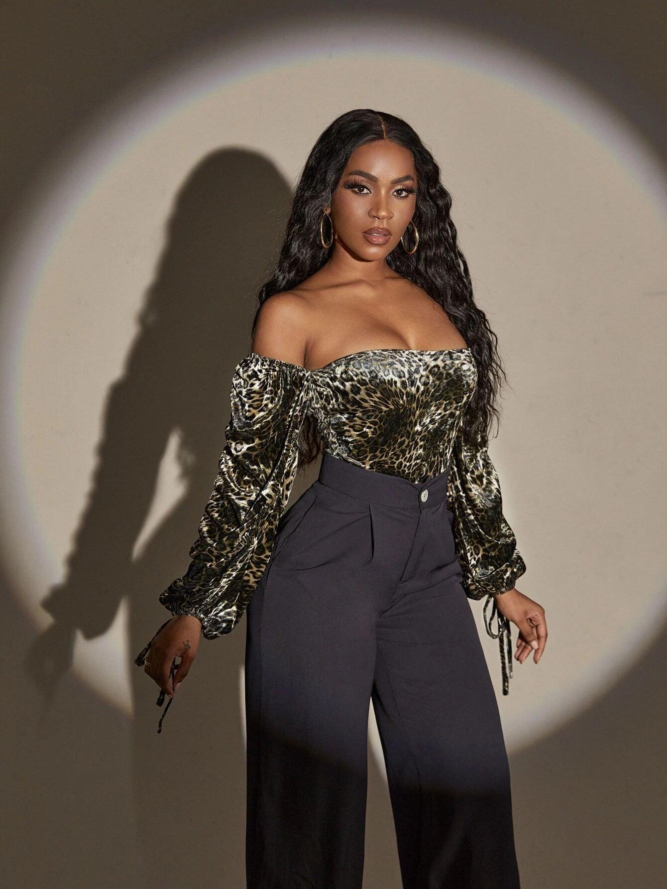 Off Shoulder Knot Cuff Lantern Sleeve Bodysuit-Comfy Jumpsuits