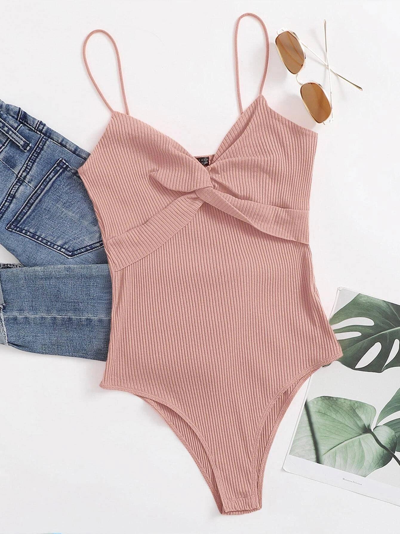 Sleeveless Front Rib-Knit Slip Bodysuit-Comfy Jumpsuits