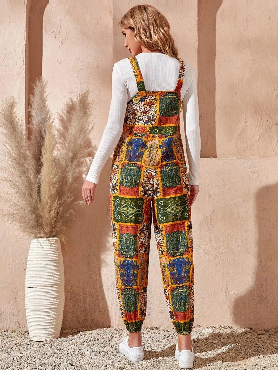 Patchwork Print Overall Jumpsuit-Comfy Jumpsuits