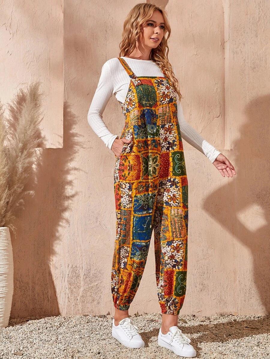 Patchwork Print Overall Jumpsuit-Comfy Jumpsuits