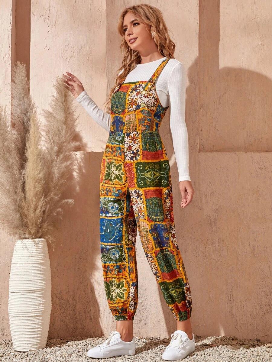 Patchwork Print Overall Jumpsuit-Comfy Jumpsuits