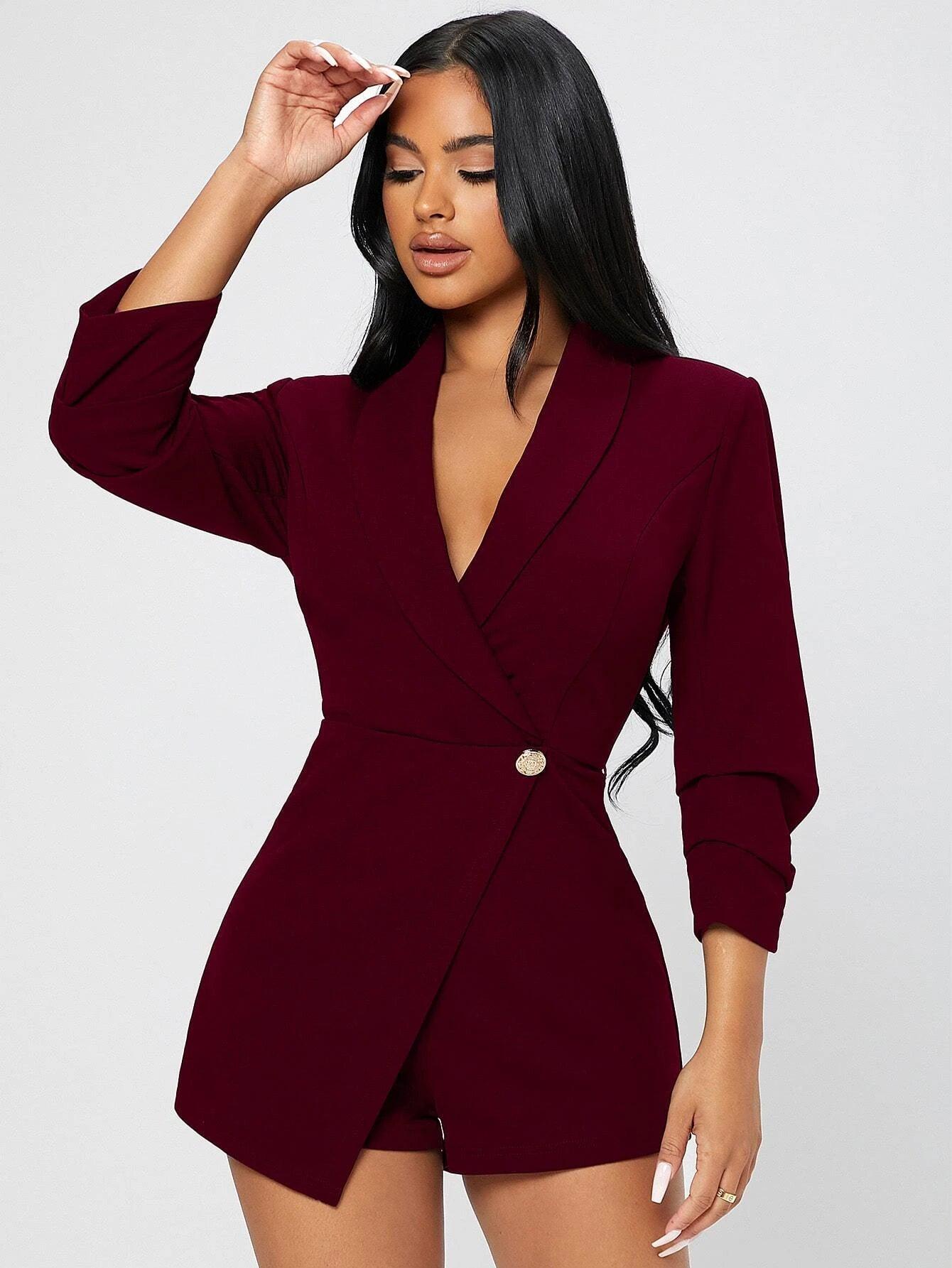 Solid Shawl Collar Wrap Romper-Comfy Jumpsuits
