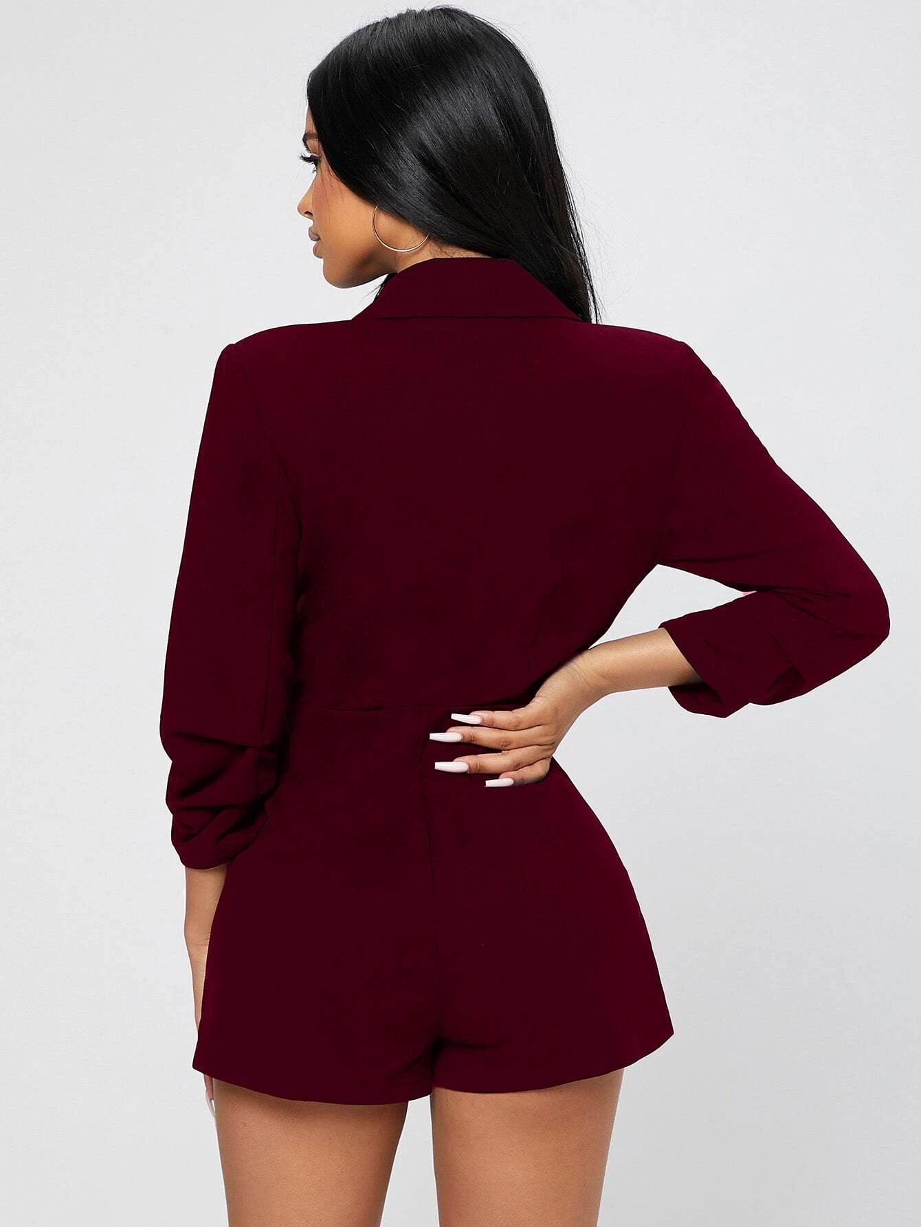 Solid Shawl Collar Wrap Romper-Comfy Jumpsuits