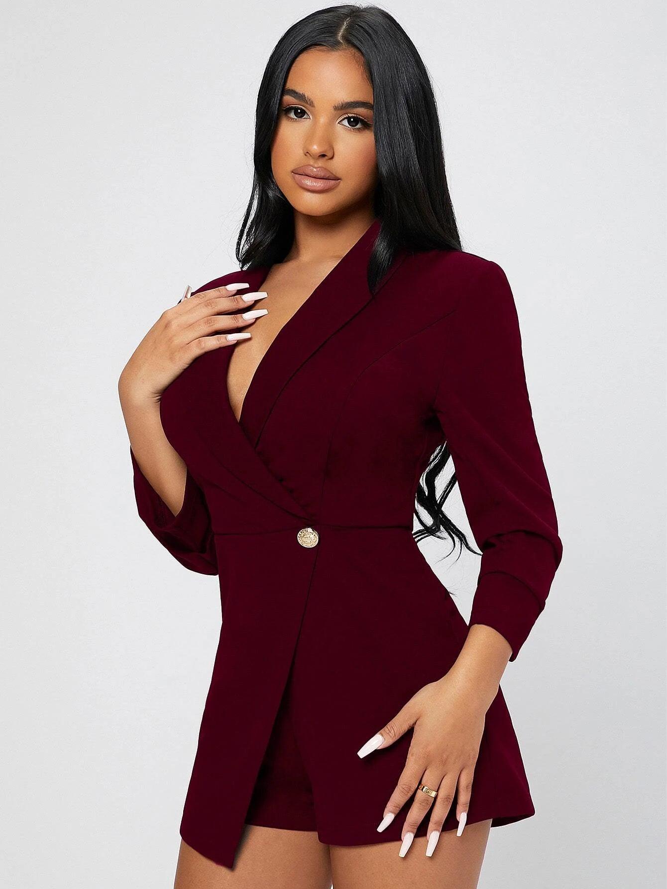 Solid Shawl Collar Wrap Romper-Comfy Jumpsuits
