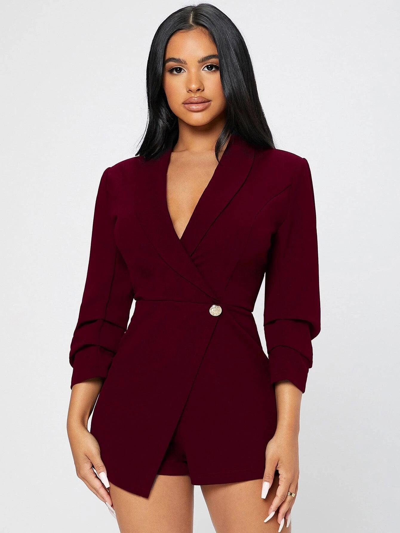 Solid Shawl Collar Wrap Romper-Comfy Jumpsuits