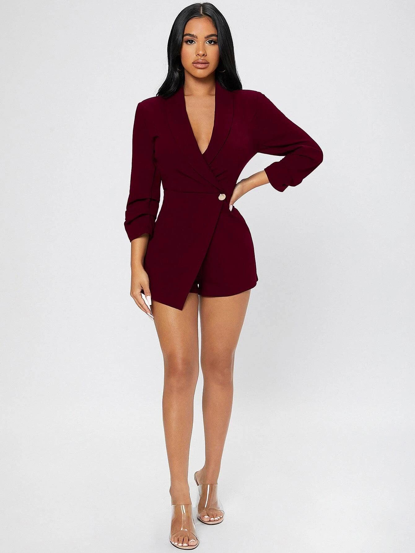 Solid Shawl Collar Wrap Romper-Comfy Jumpsuits