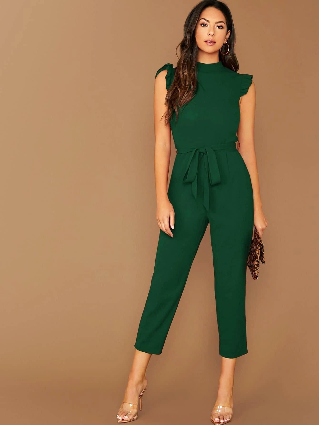 Solid Coloured Sleeveless Belted Jumpsuit-Comfy Jumpsuits