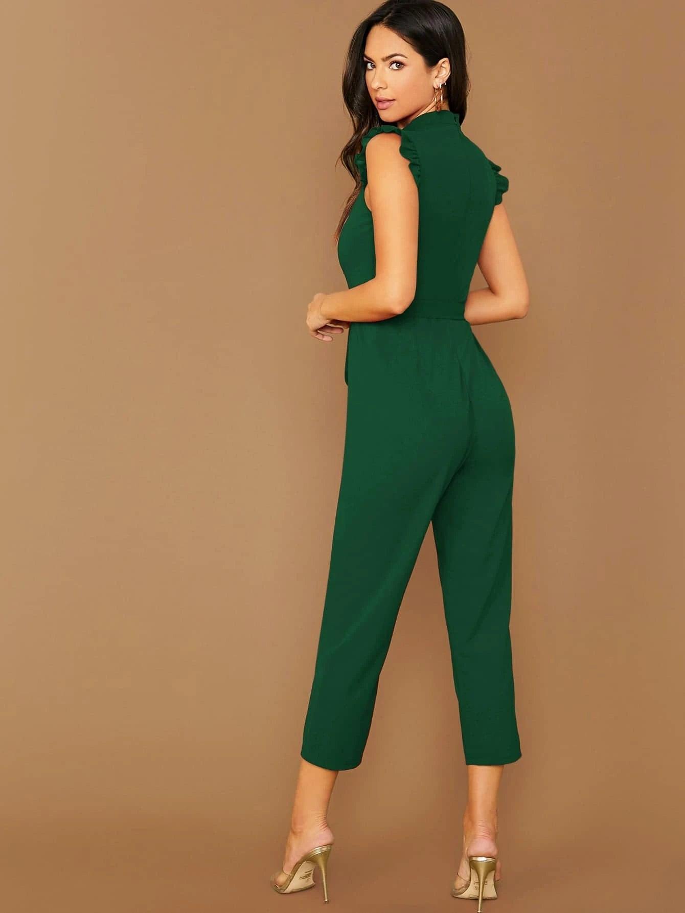 Solid Coloured Sleeveless Belted Jumpsuit-Comfy Jumpsuits