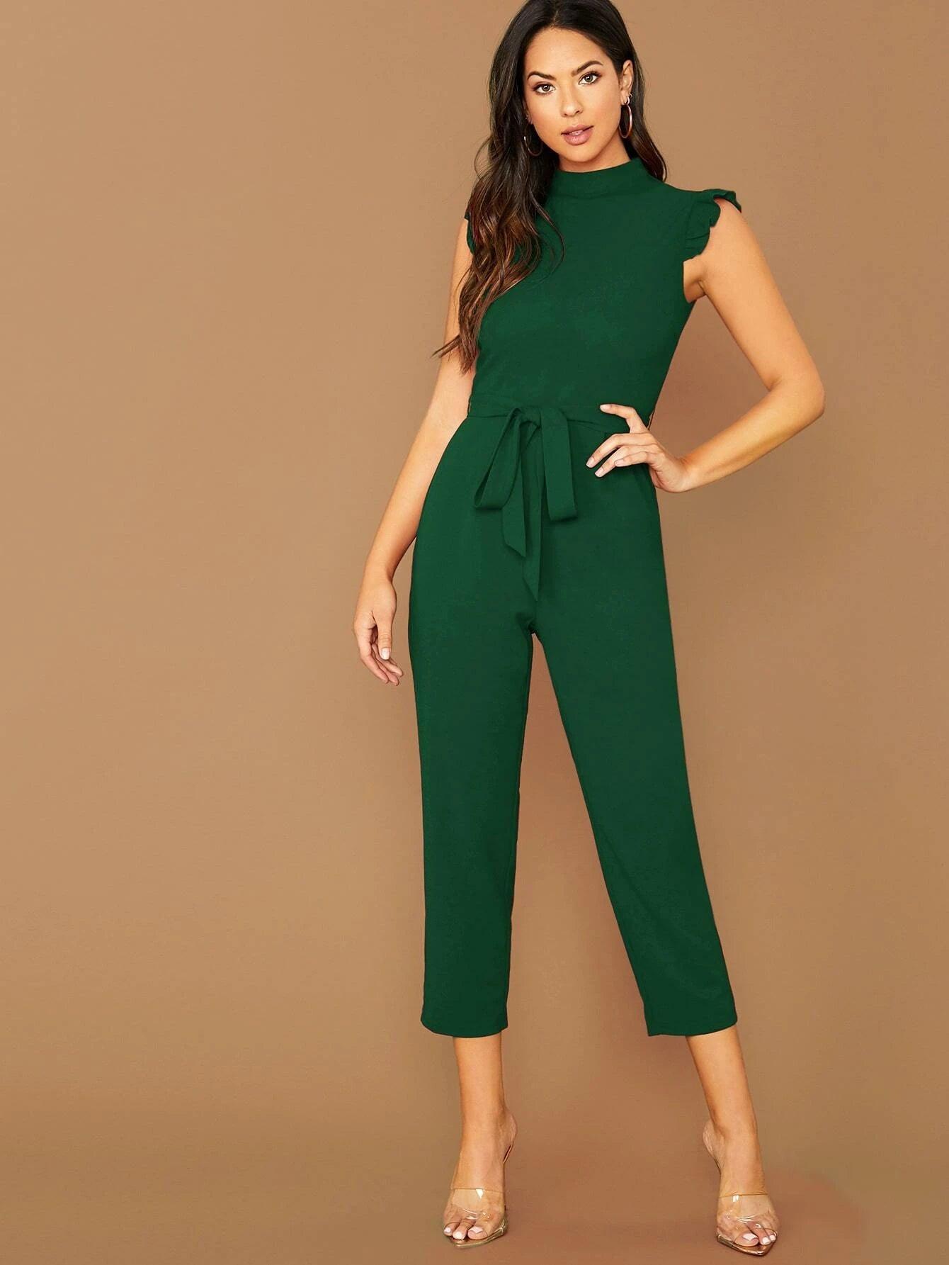 Solid Coloured Sleeveless Belted Jumpsuit-Comfy Jumpsuits